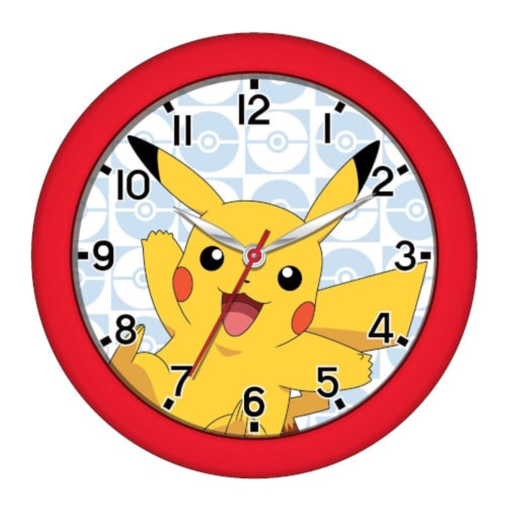Un reloj de Pikachu con marco rojo que muestra la hora.