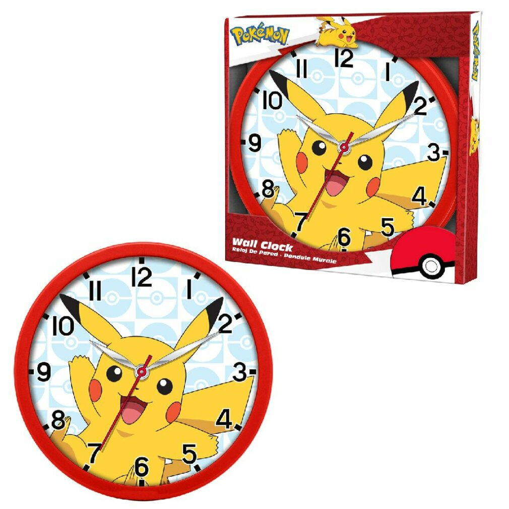 Dos relojes de Pikachu, uno en una caja, con marcos rojos y fondo blanco.