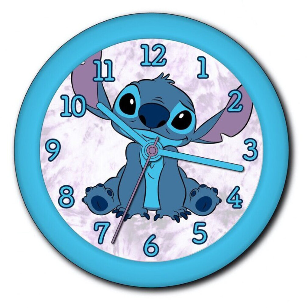 Eine Stitch-Uhr mit blauem Rahmen, die die Uhrzeit anzeigt, auf weißem Hintergrund.