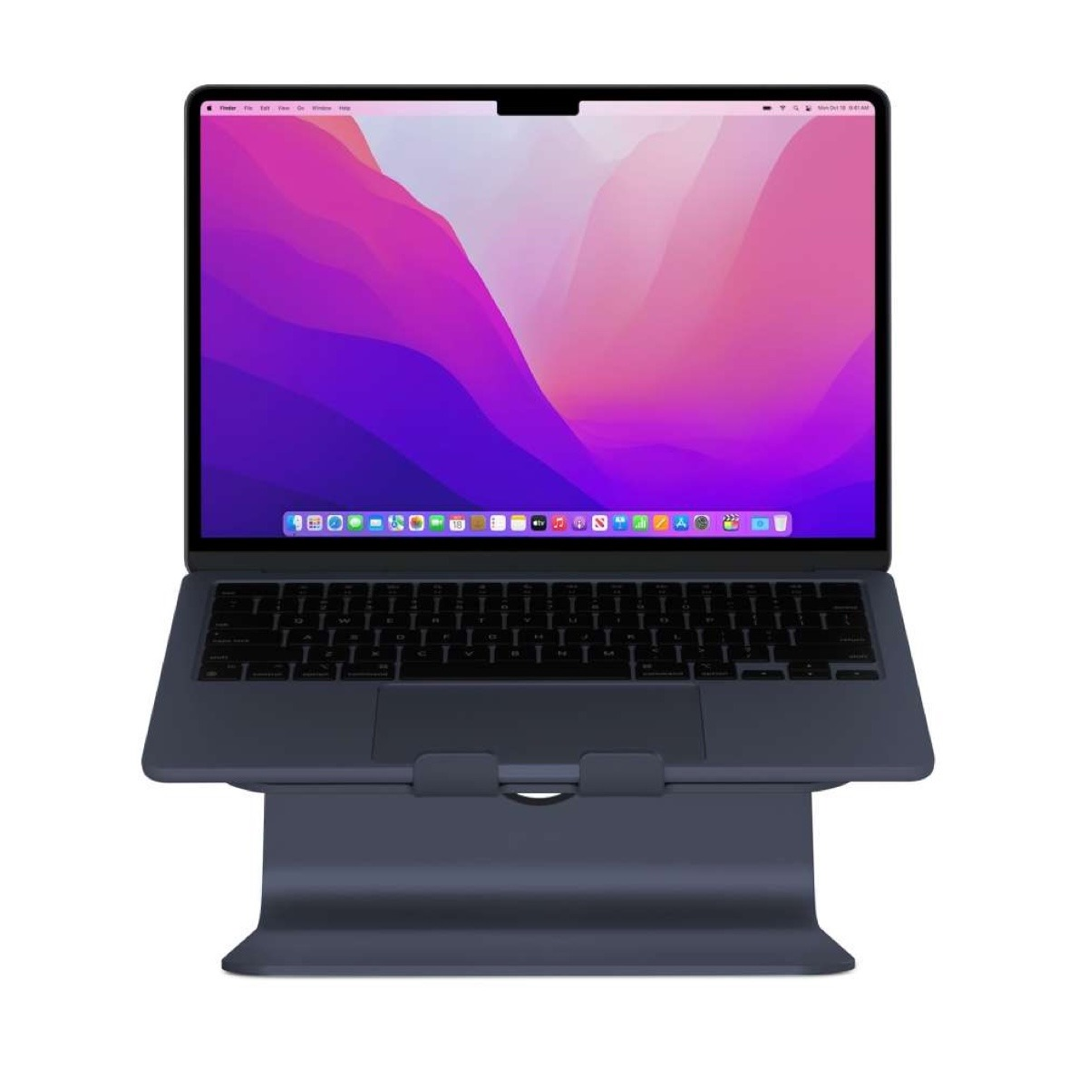Laptop auf Ständer. Der Bildschirm zeigt einen lila-rosa Farbverlauf. Der Laptop ist dunkelblau.