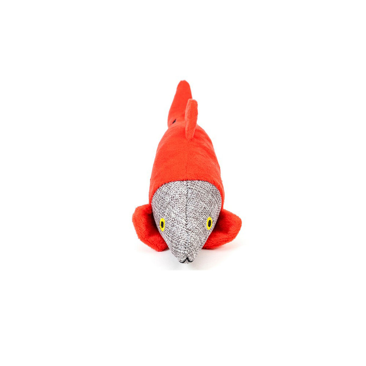 Rotes und graues Fischspielzeug auf Weiß. Es hat gelbe Augen.