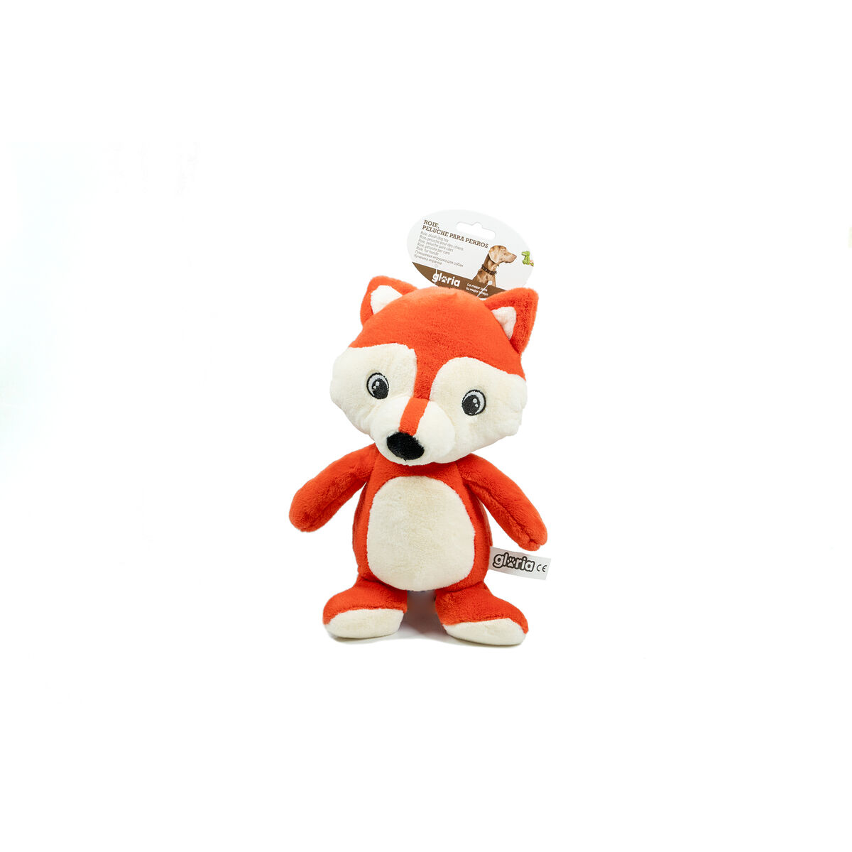 Orange-weißes Fuchs-Plüschtier mit schwarzen Augen und Nase auf weißem Hintergrund.