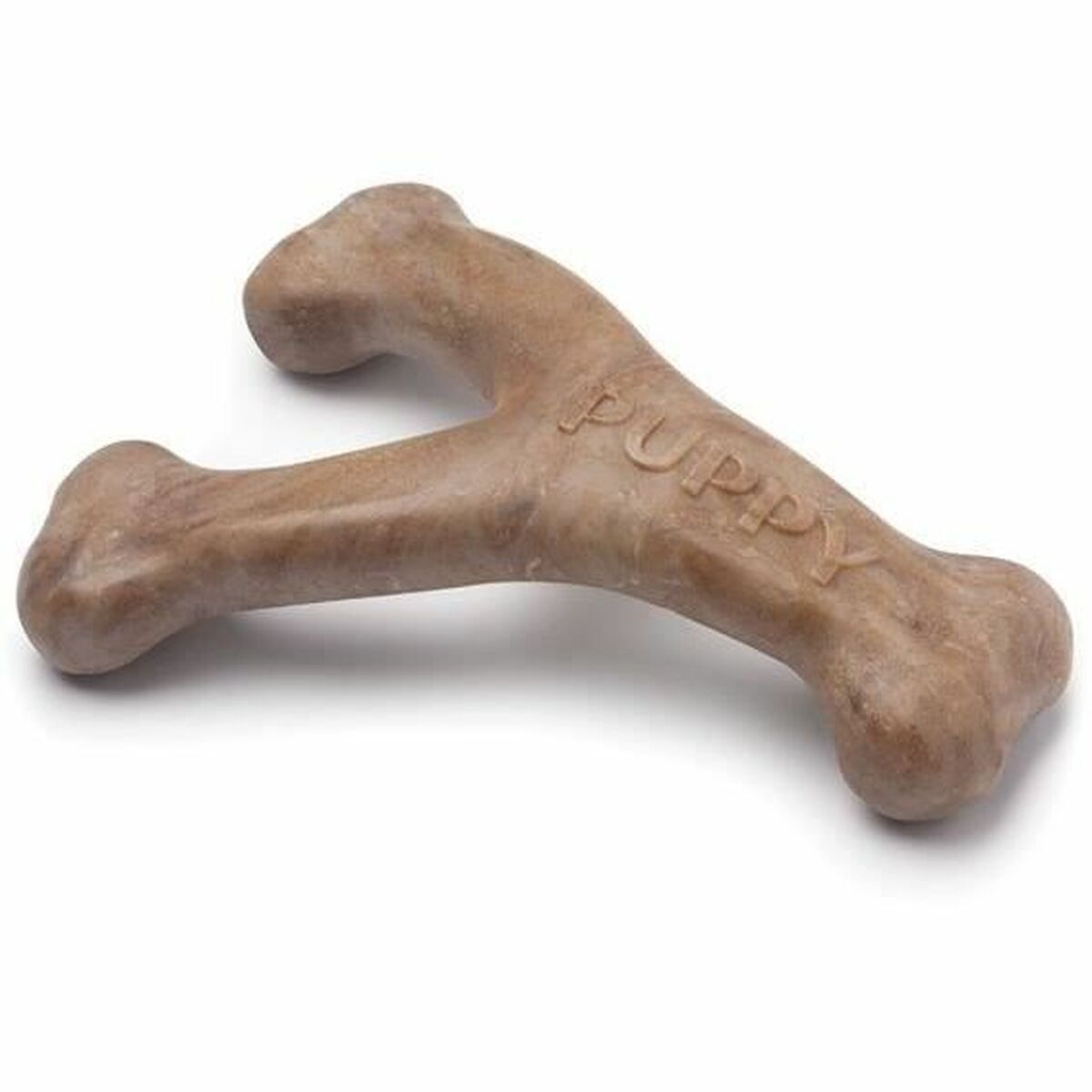 Giocattolo da masticare al gusto di bacon Benebone wishbone per cuccioli piccoli color tan.