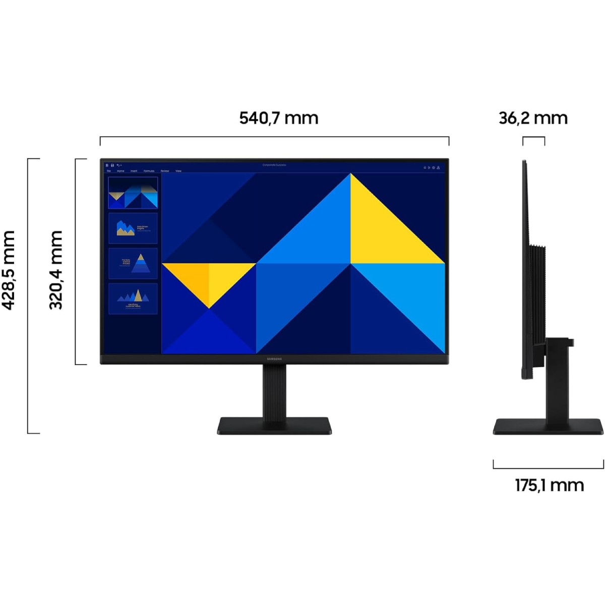 Czarny monitor z wymiarami. Ekran wyświetla geometryczny wzór w kolorze niebieskim i żółtym. Wymiary są oznaczone.