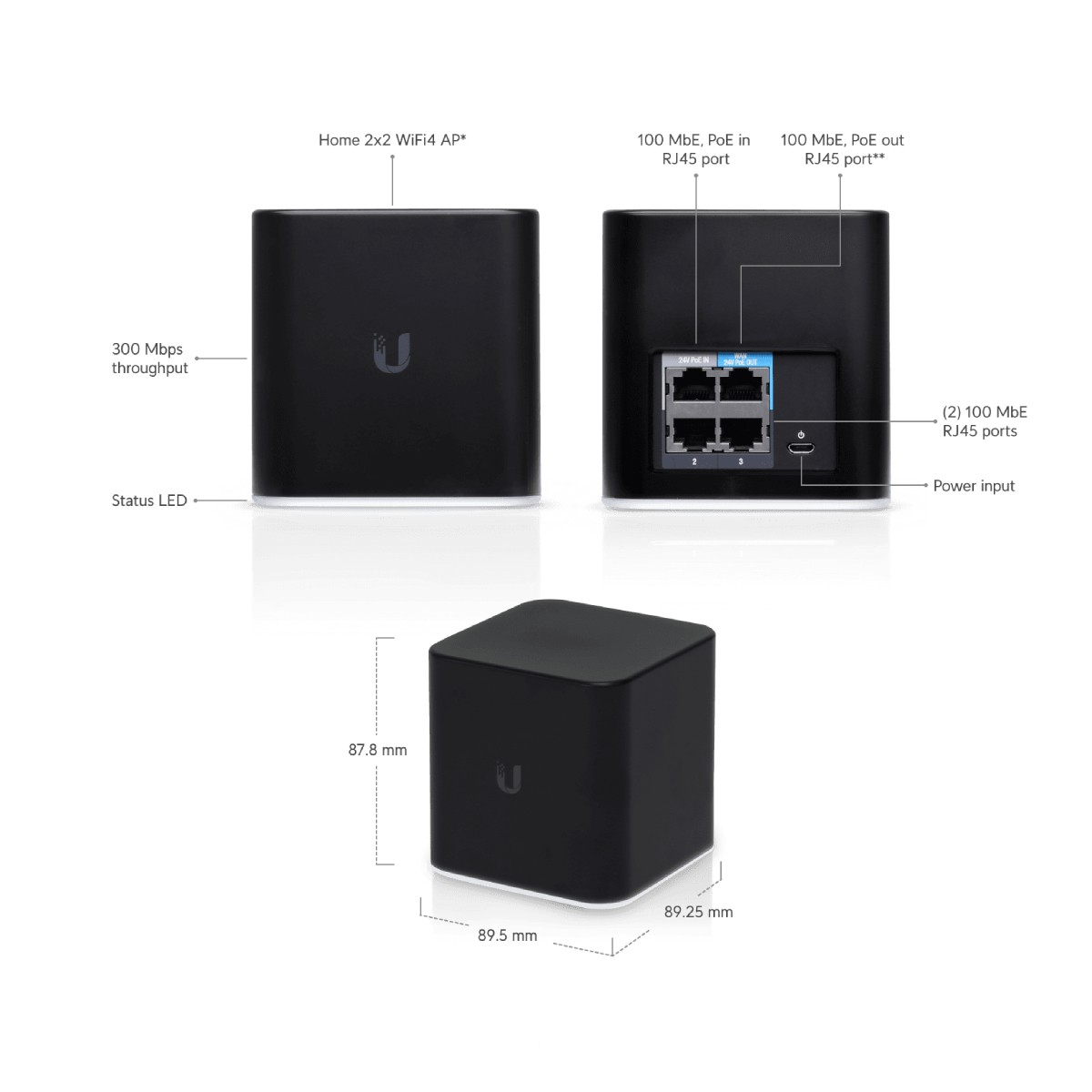 Czarne urządzenie w kształcie kostki z portami z tyłu i diodą LED stanu. Podano wymiary.