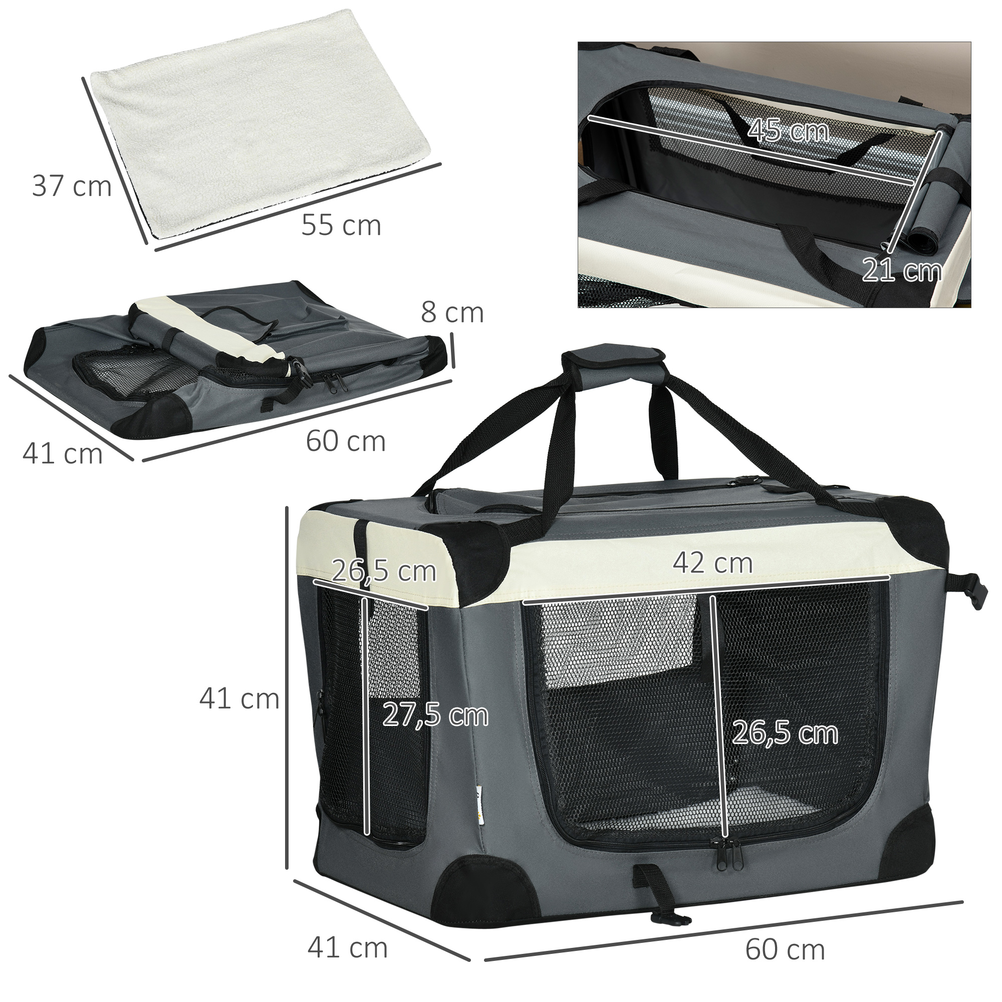 Un transportín gris para mascotas con dimensiones. Tiene una base interior blanca y una ventana de malla. Se muestra una almohadilla blanca extra.