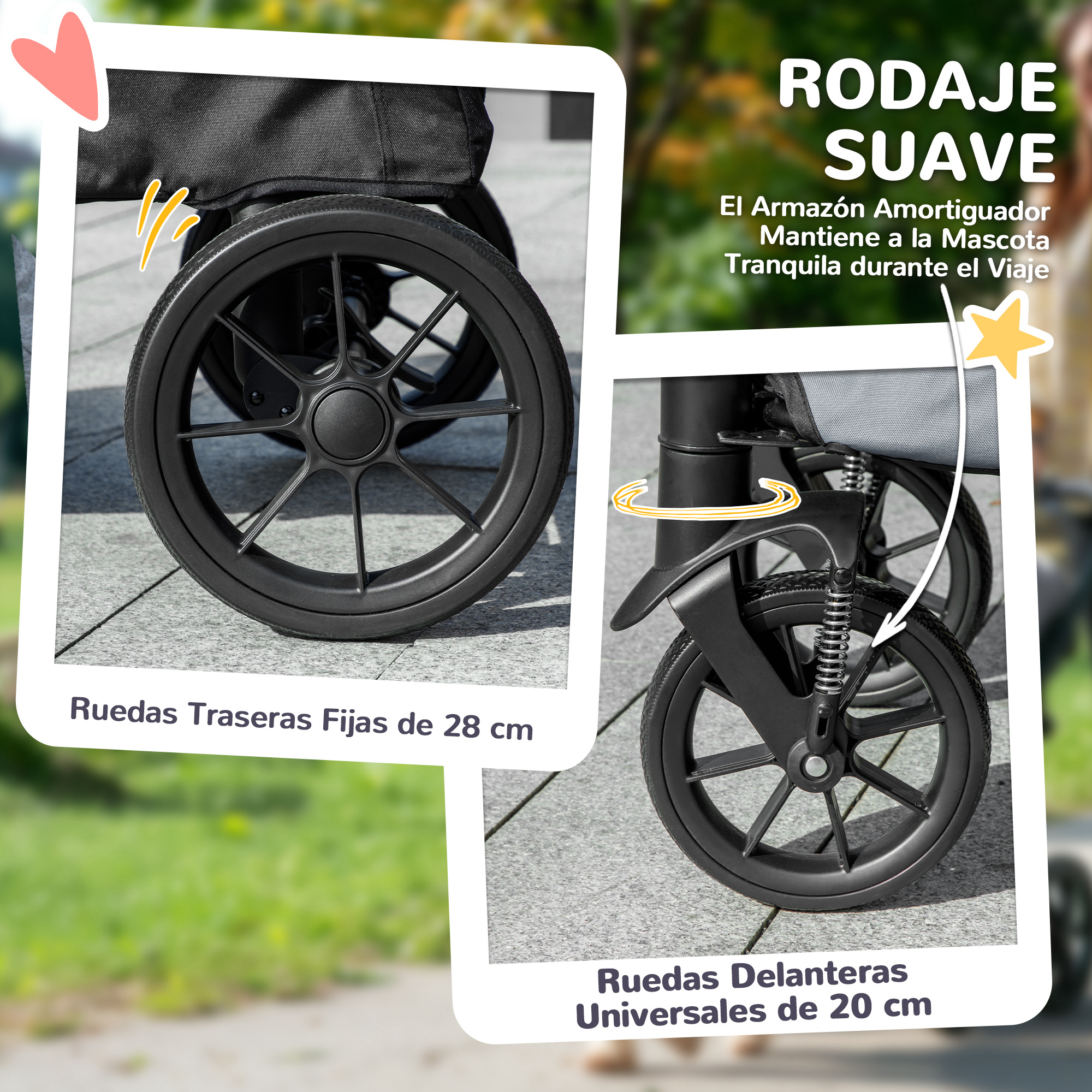 Primer plano de las ruedas del cochecito. Las ruedas traseras son fijas, 28 cm. Las ruedas delanteras son universales, 20 cm.