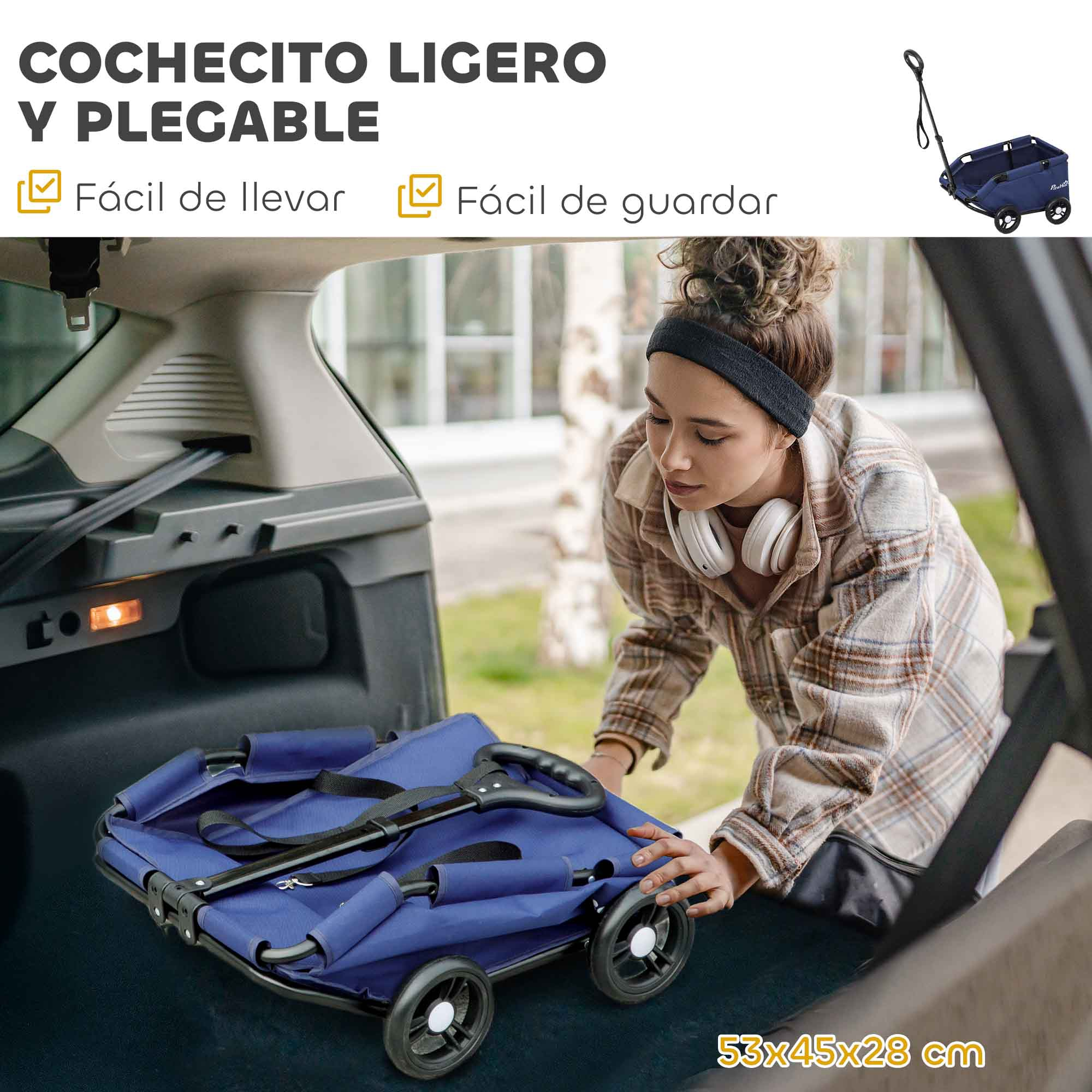 Una mujer está guardando un vagón azul plegado en un coche. El texto dice 'Fácil de transportar' y 'Fácil de guardar'.