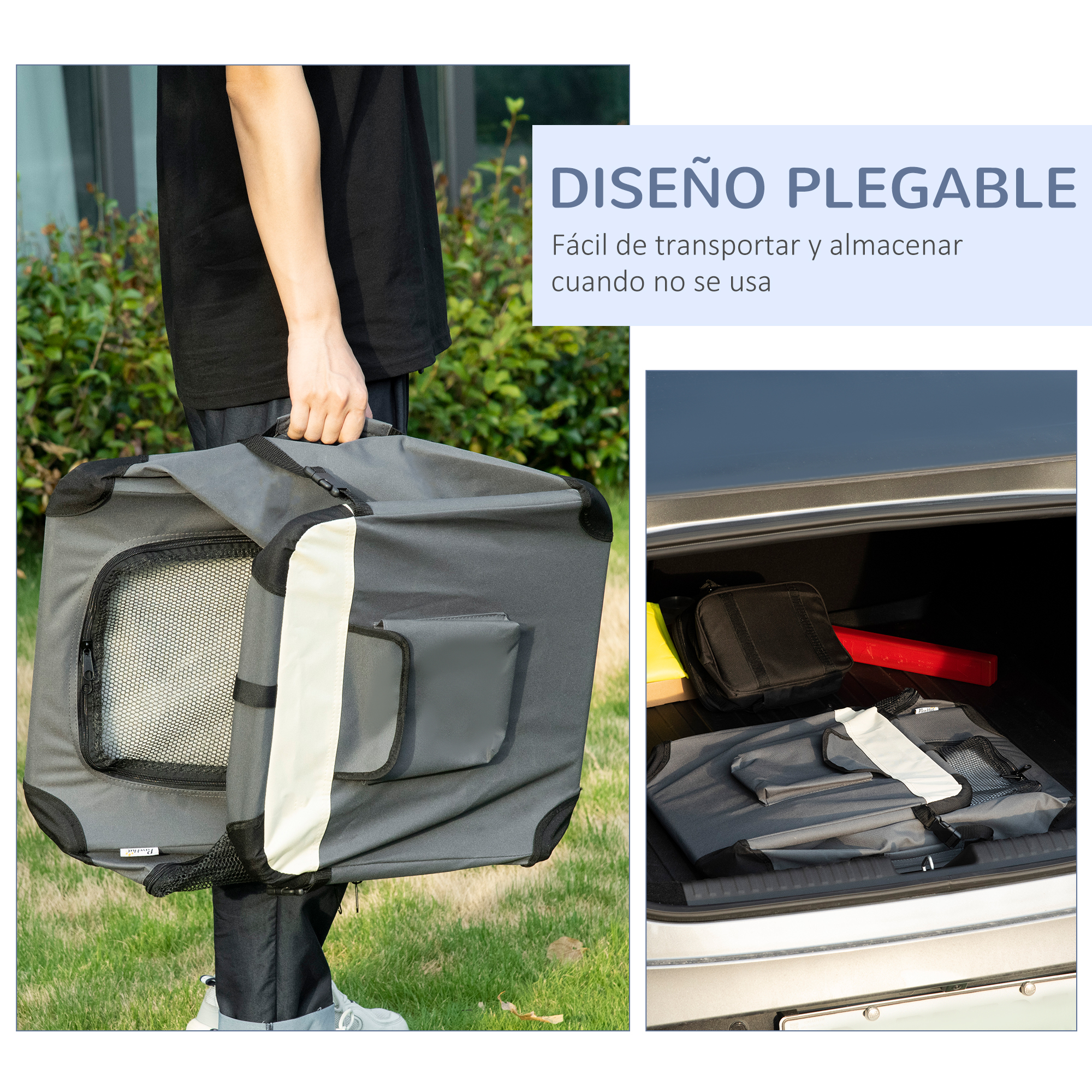 Una persona lleva un transportín gris para mascotas, mostrándolo plegado. También muestra el transportín plegado en el maletero de un coche.
