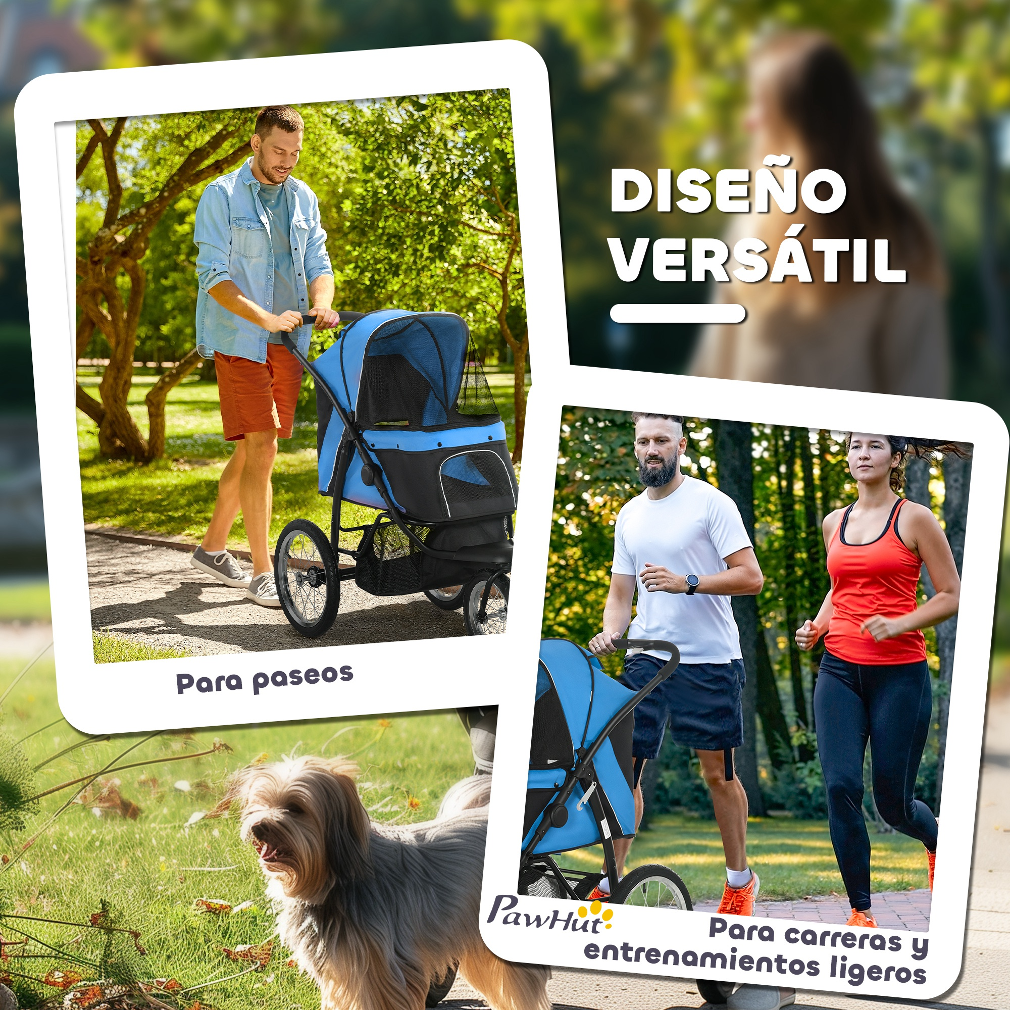 Cochecito para mascotas en uso: para paseos, correr y entrenamiento ligero. Personas usando el cochecito con perros.