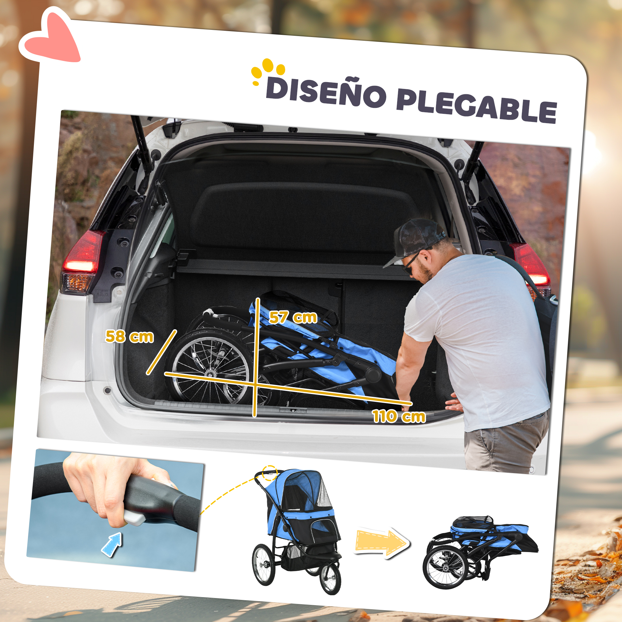 Cochecito para mascotas es plegable. Dimensiones para el maletero: 58 cm, 57 cm y 110 cm. Una persona está cargando.