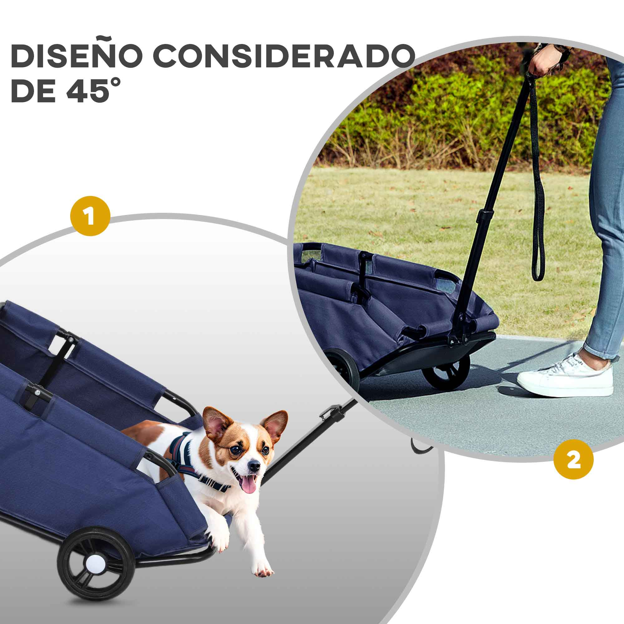 Perro en un carrito azul para mascotas, tirado por una persona. El texto dice 'diseño considerado de 45°'.
