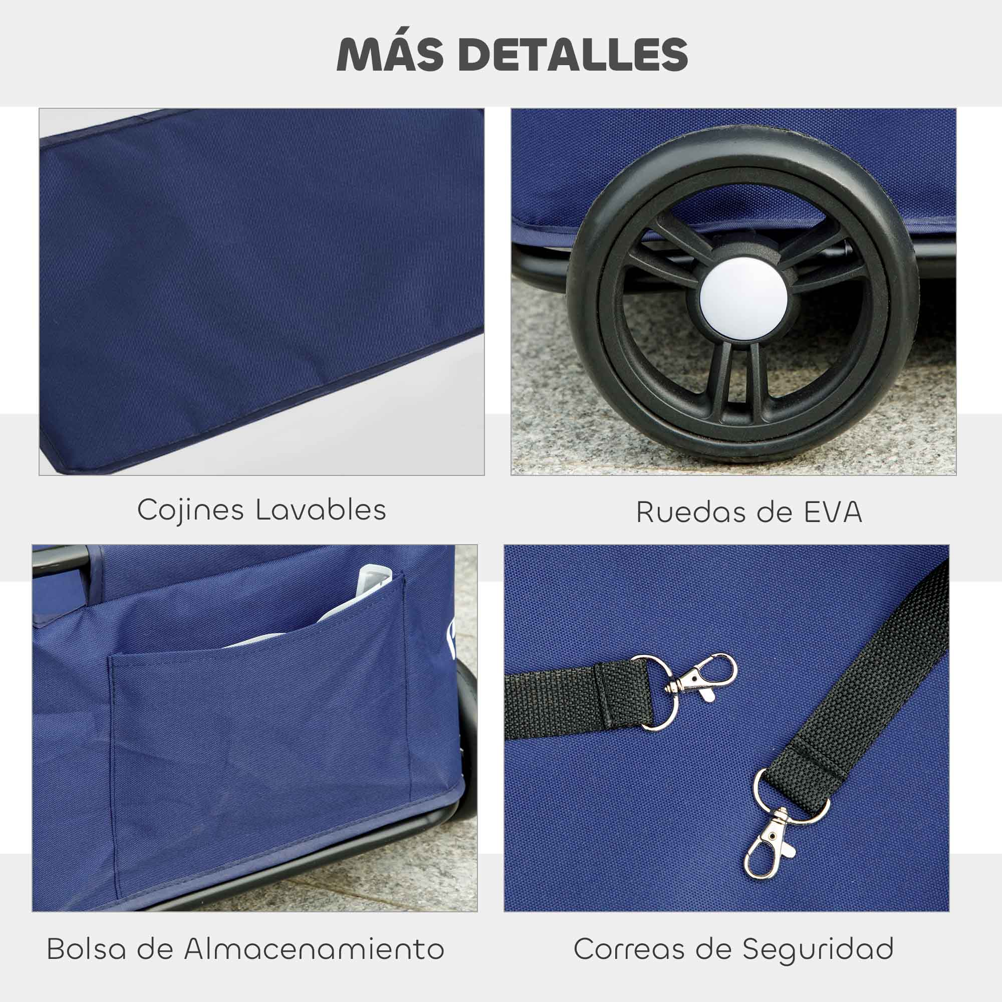 Imágenes de cerca de las características del transportín para mascotas: cojines lavables, ruedas de EVA, bolsa de almacenamiento y correas de seguridad.