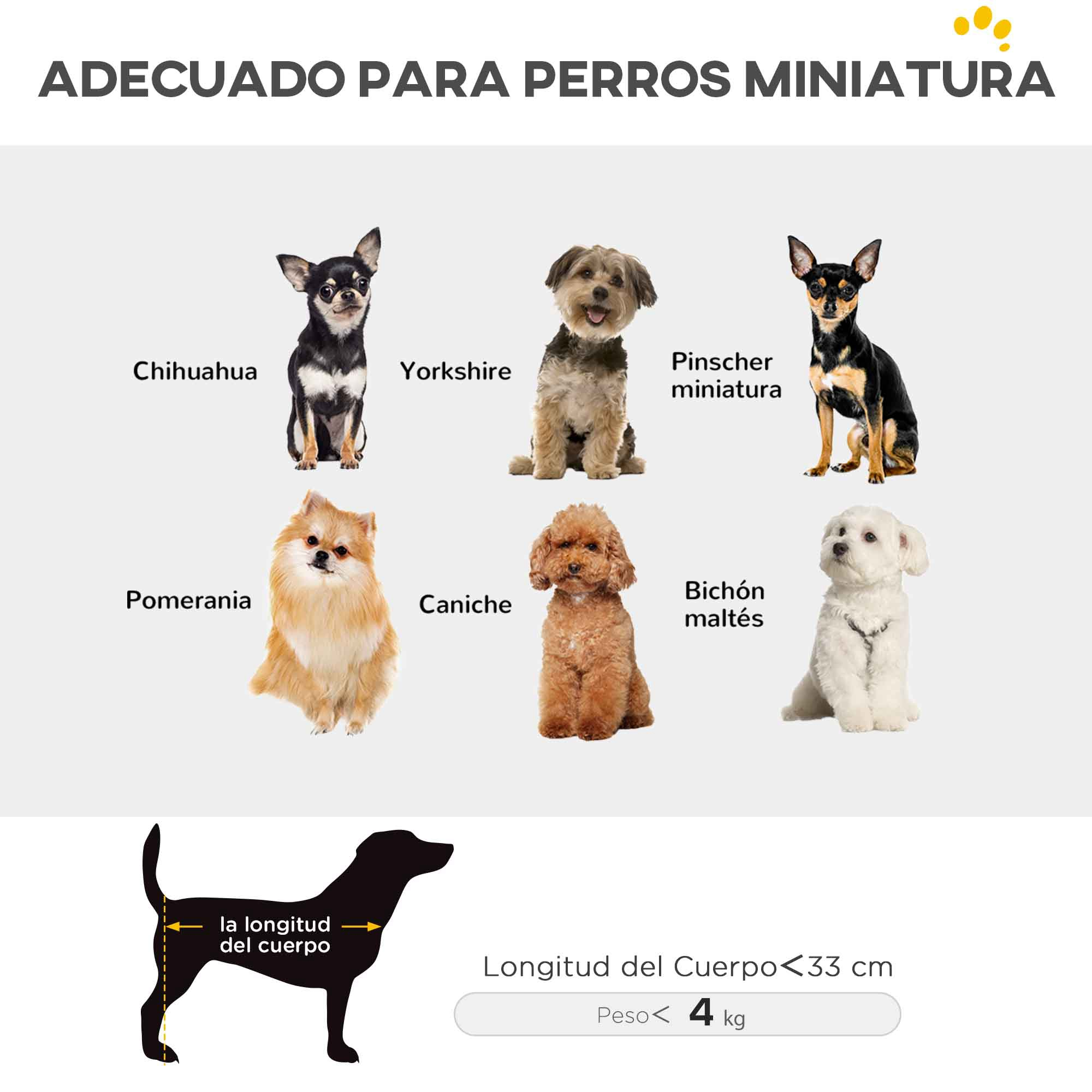 Imagen de diferentes razas de perros adecuadas para el transportín. Texto: 'adecuado para perros miniatura'.