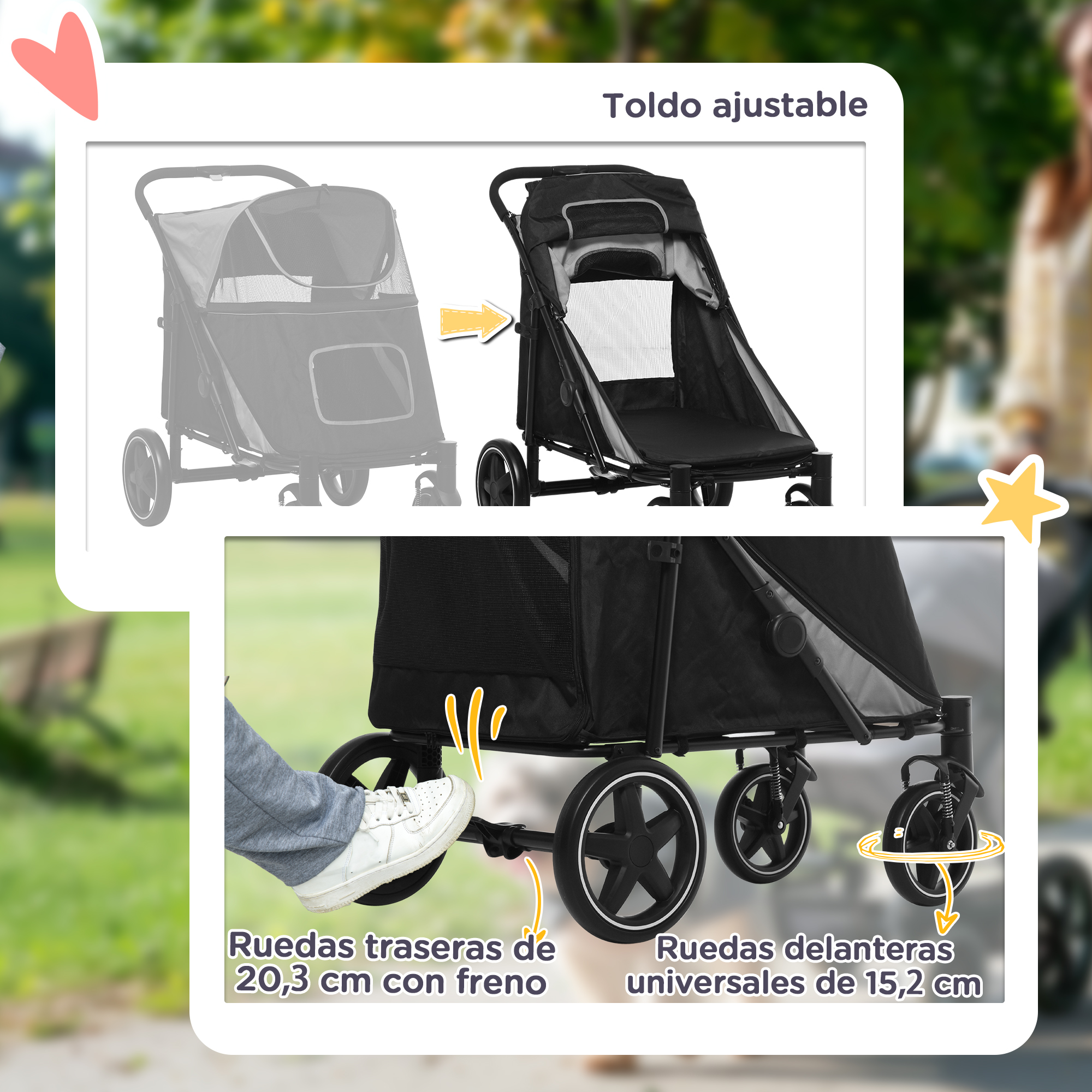 Hombre empujando un transportín con un perro dentro. El transportín tiene una entrada delantera y trasera.
