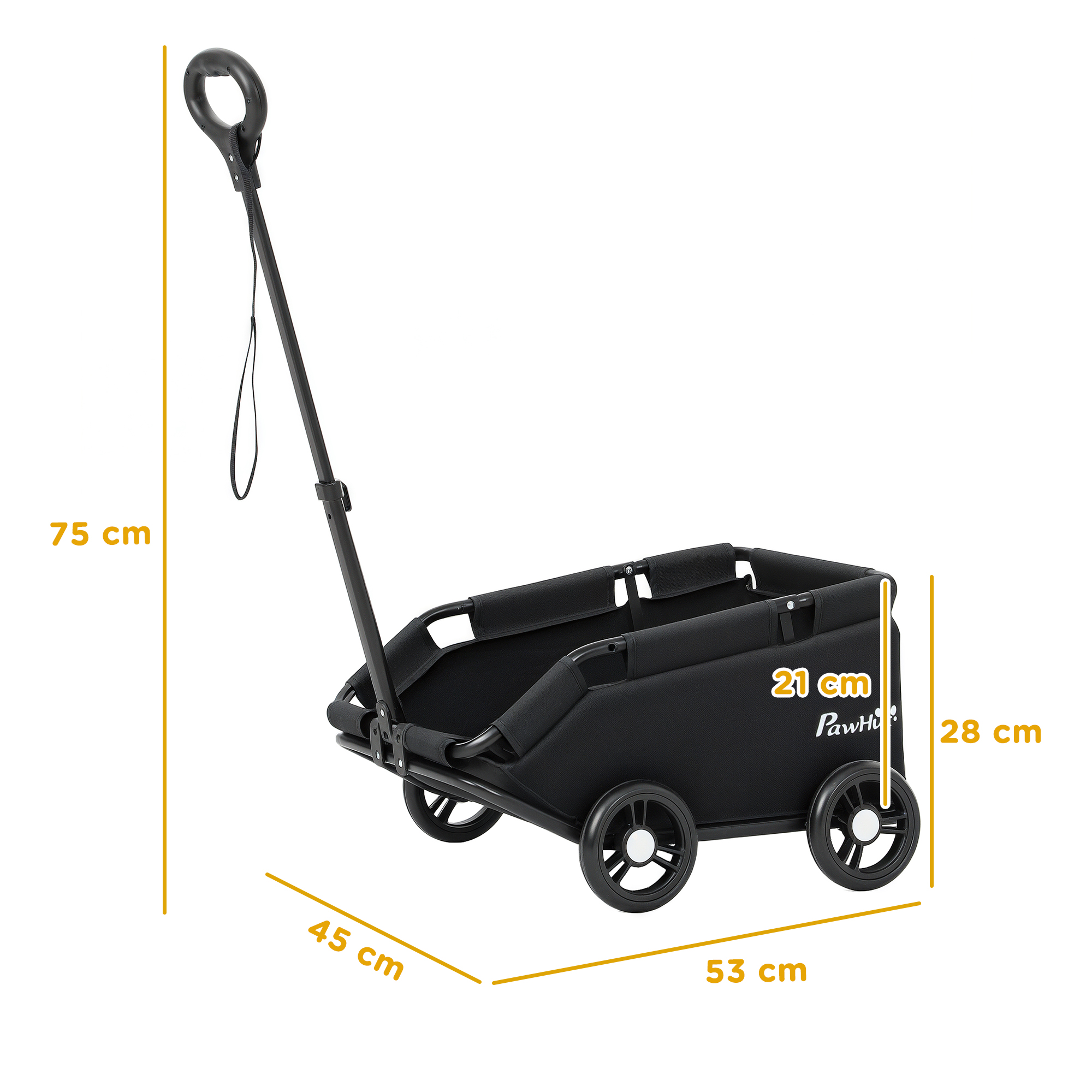 Transportín negro con dimensiones mostradas: 75 cm de alto, 21 cm de ancho, 28 cm de profundidad y 45 cm de largo.