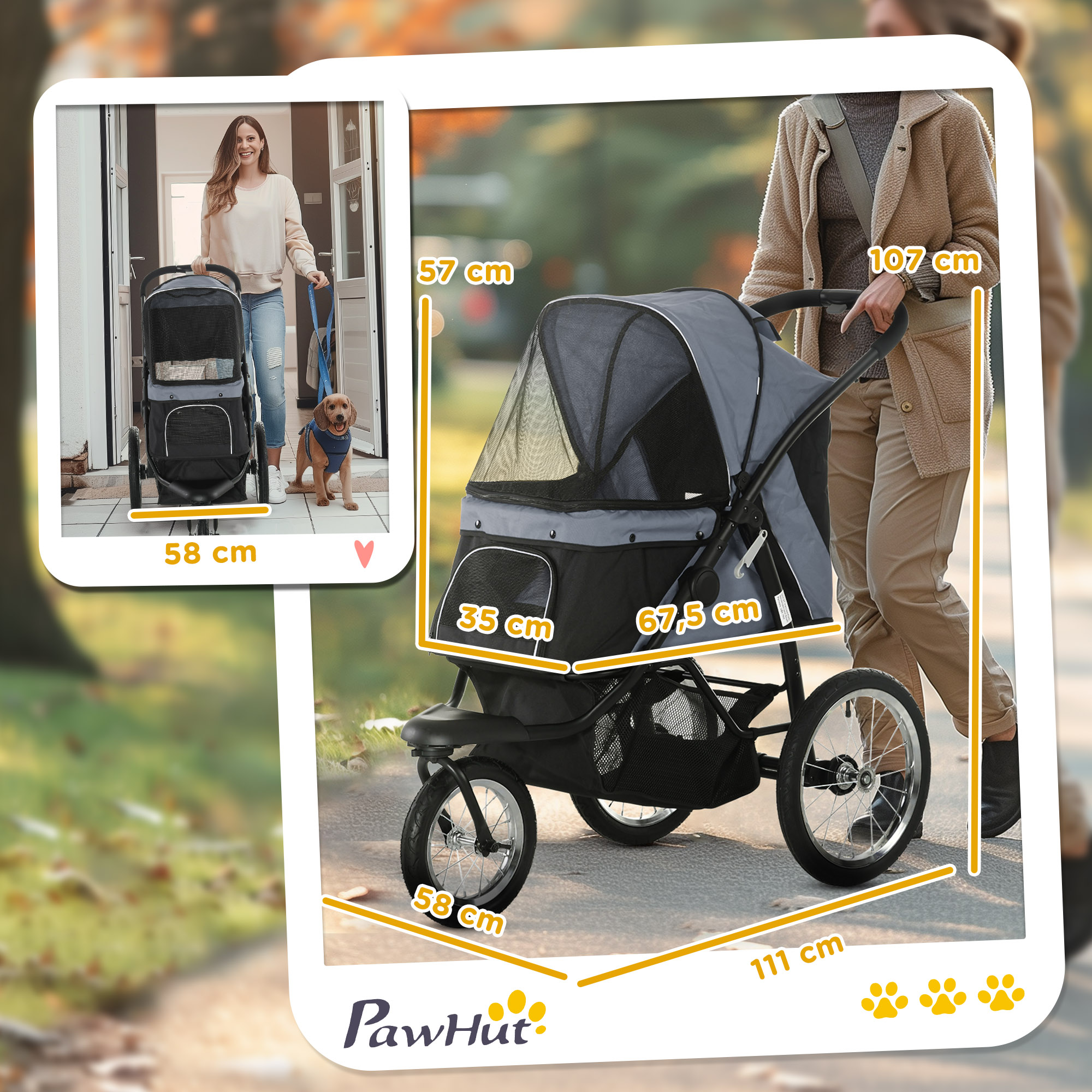 Mujer paseando a un perro en un transportín. Se muestran las dimensiones. El transportín tiene unas dimensiones de 58 cm, 35 cm y 67,5 cm.