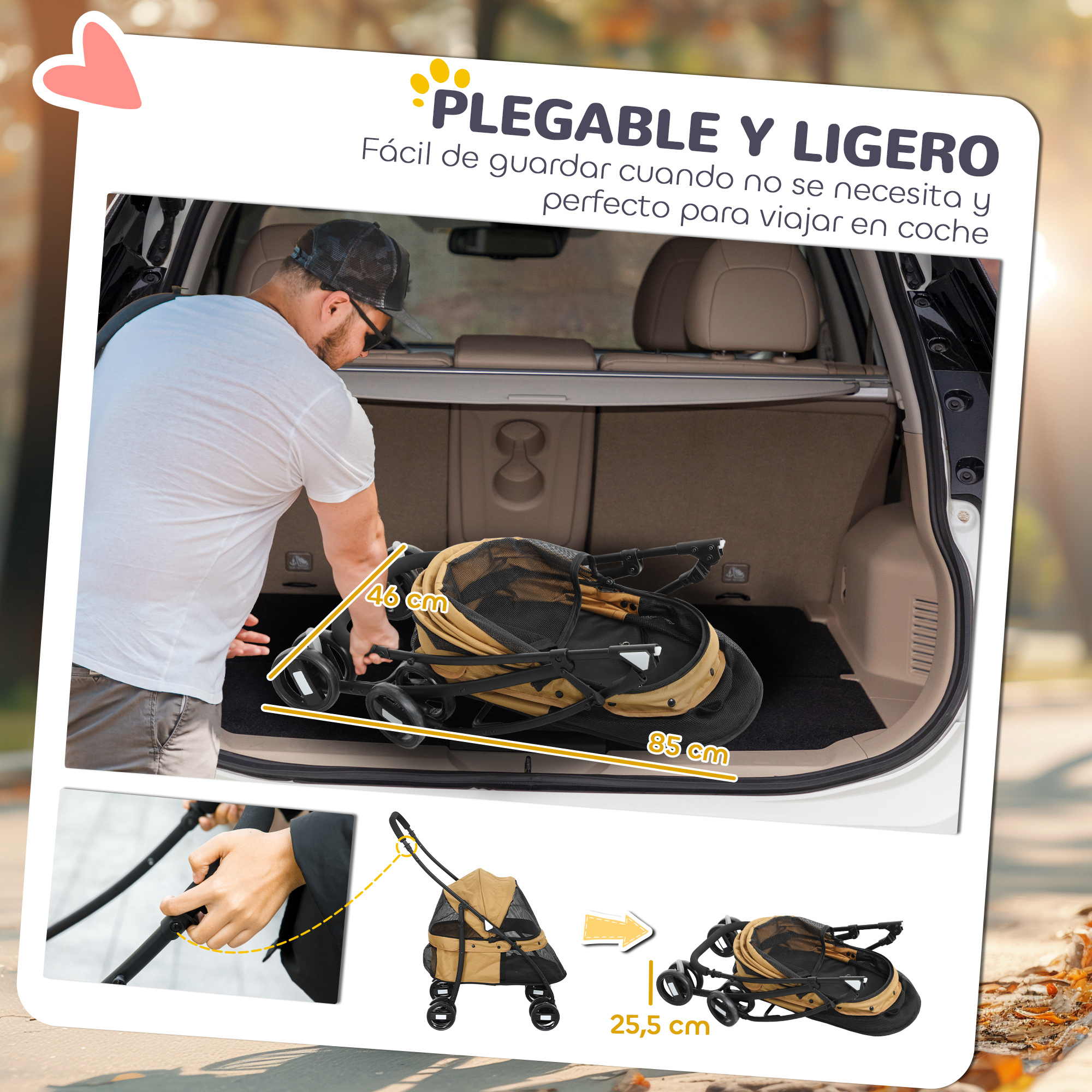 Hombre guarda cochecito plegado en maletero. Texto: Plegable y ligero.