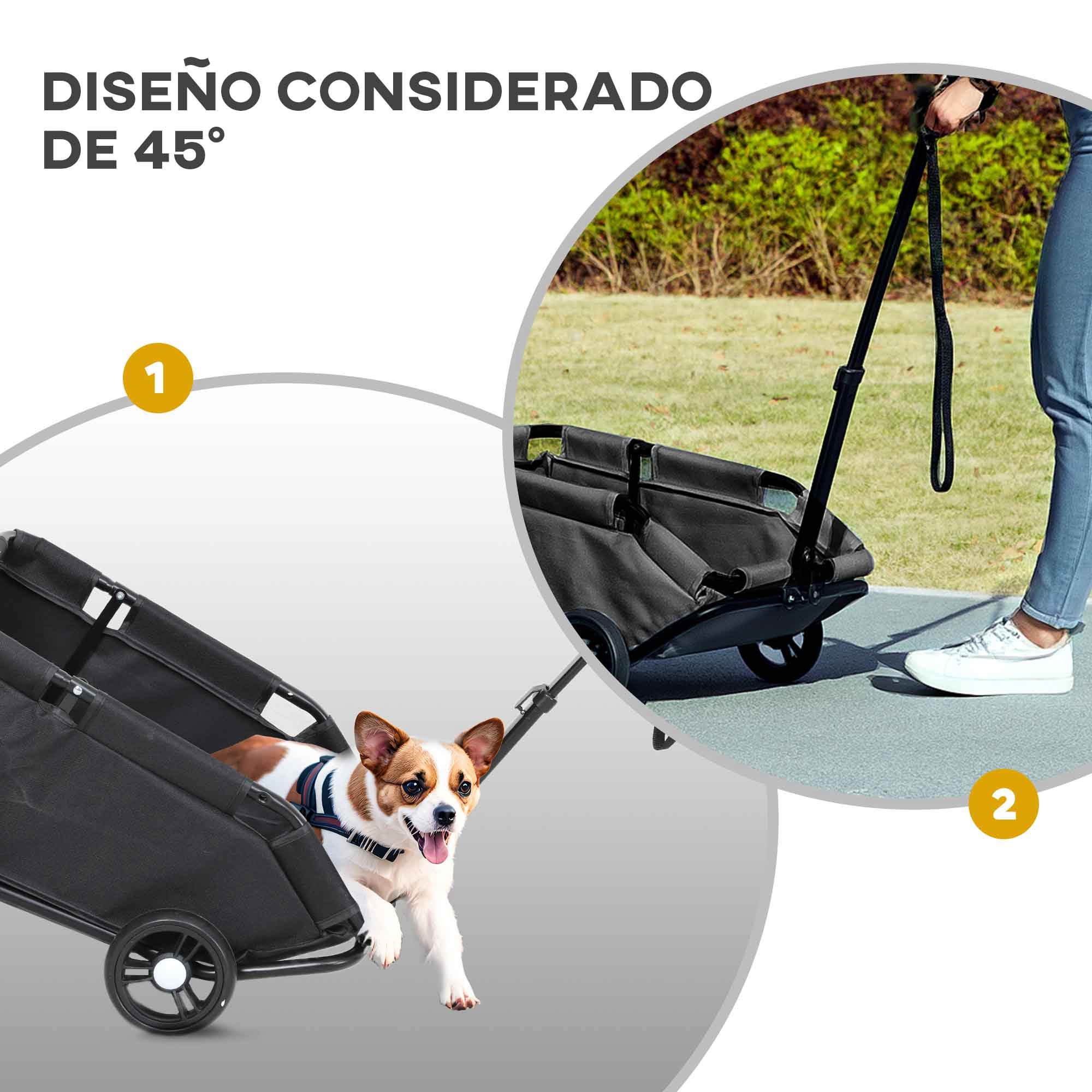 Perro en un cochecito negro, una persona sostiene el asa. El cochecito tiene un diseño de 45 grados.