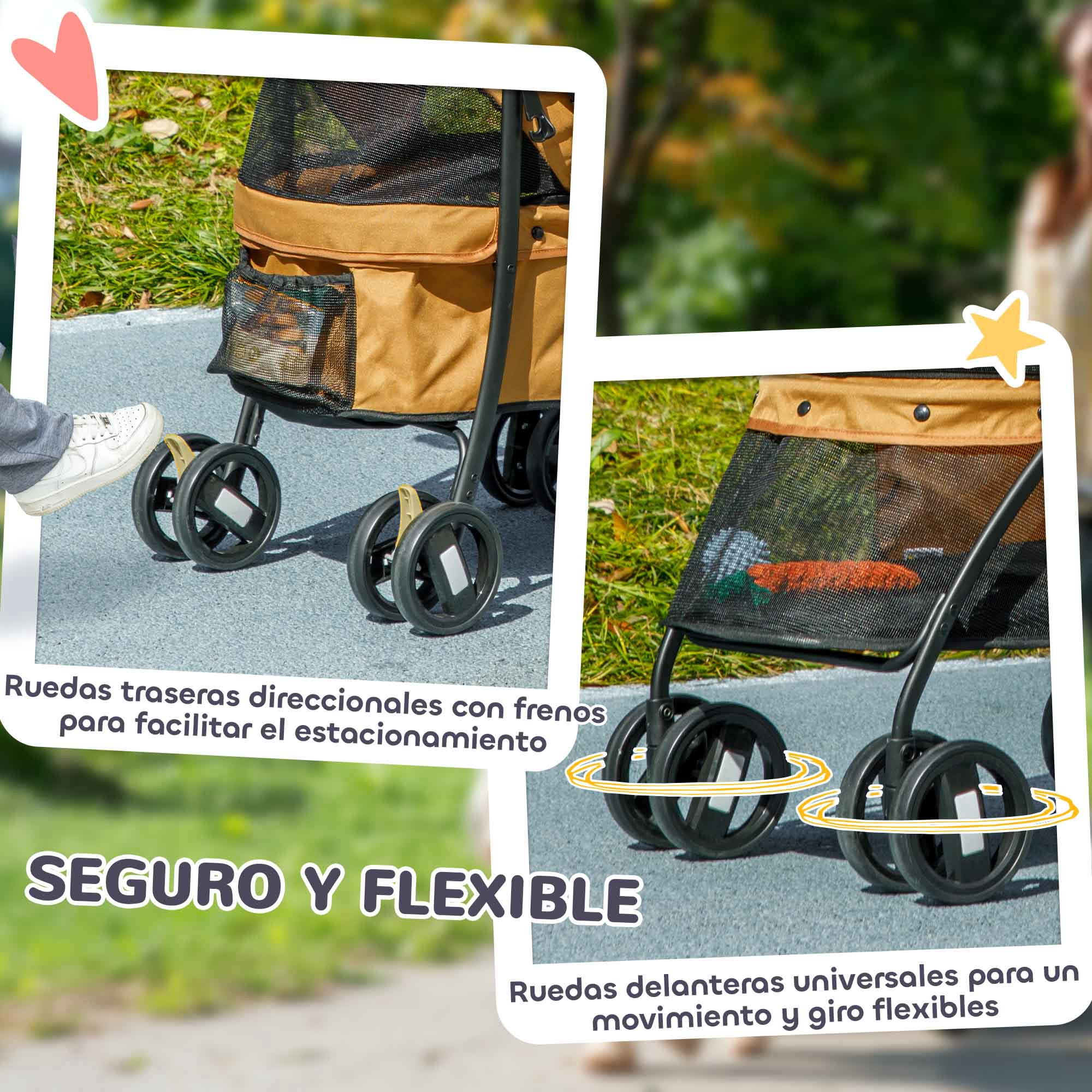 Primer plano de las ruedas del cochecito para mascotas. Ruedas traseras direccionales con frenos y delanteras universales.