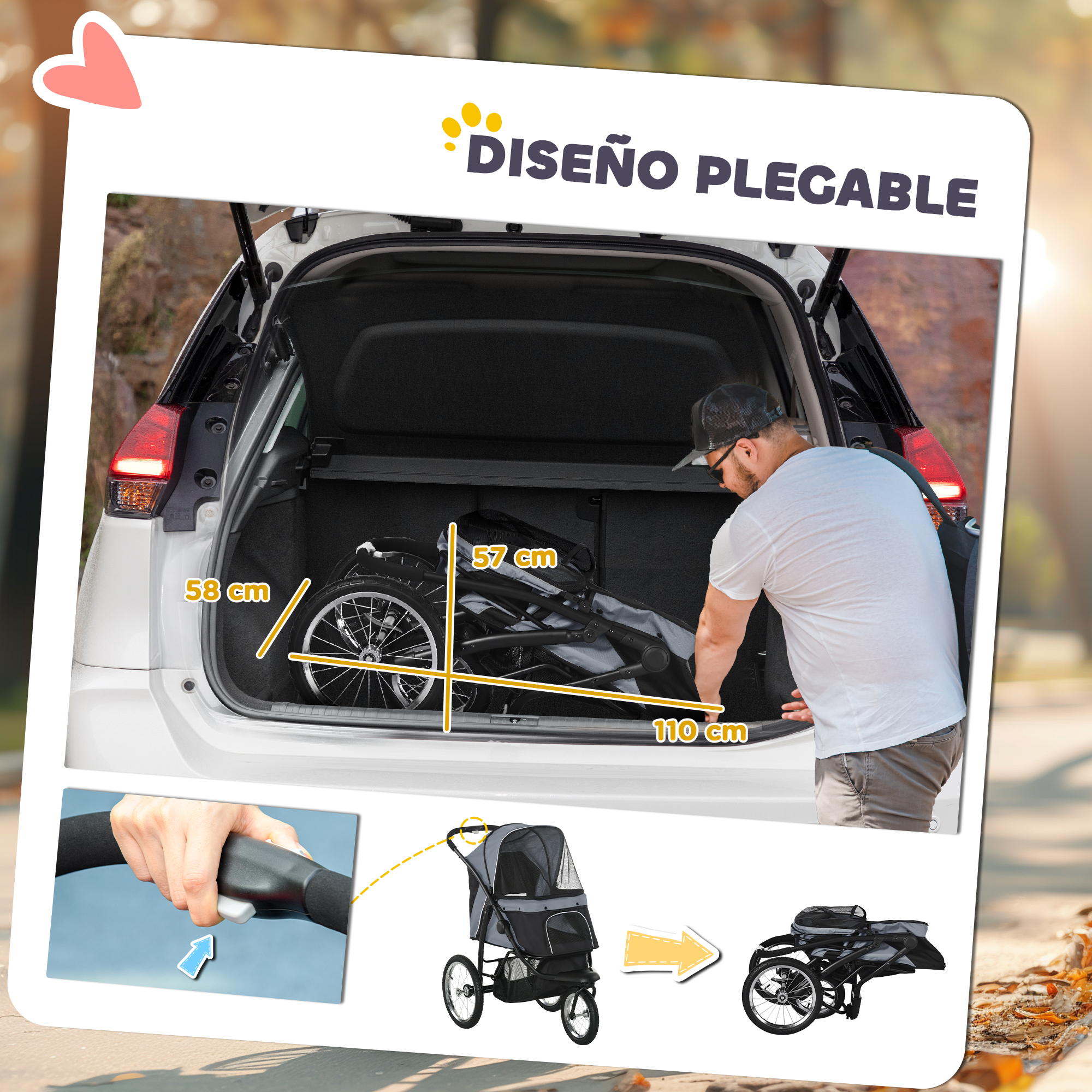 Hombre guarda cochecito plegado en maletero. Texto: Diseño plegable. Dimensiones mostradas.