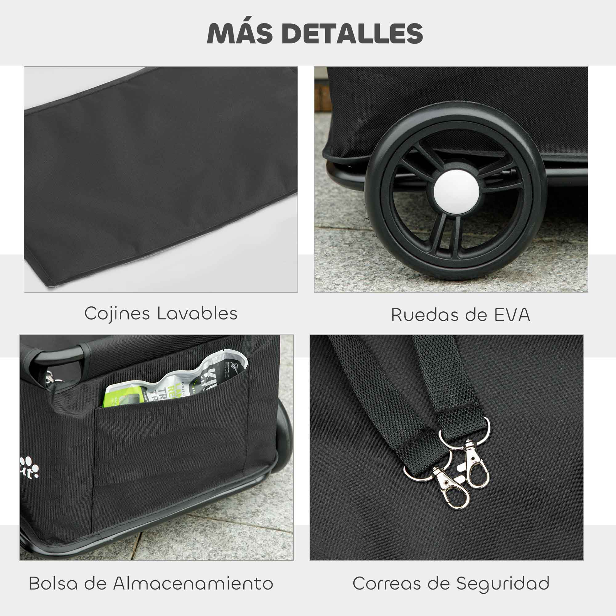 Detalles del cochecito: cojines lavables, ruedas EVA, bolsa de almacenamiento, correas de seguridad.