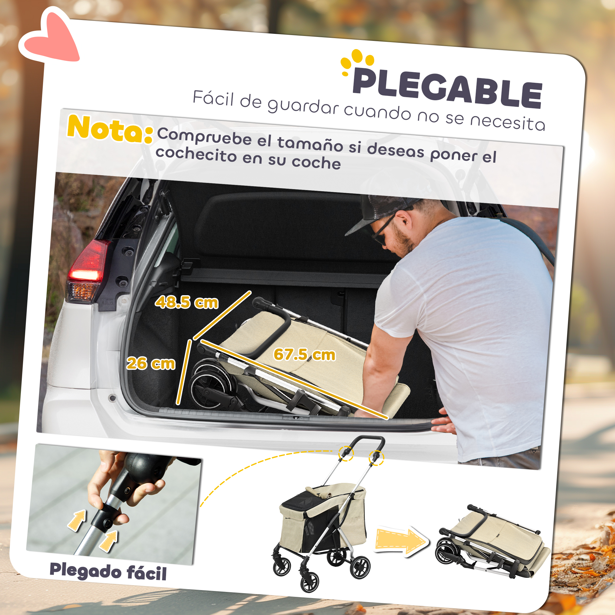 Cochecito para mascotas plegado en color canela en el maletero de un automóvil, con dimensiones mostradas e instrucciones de plegado.