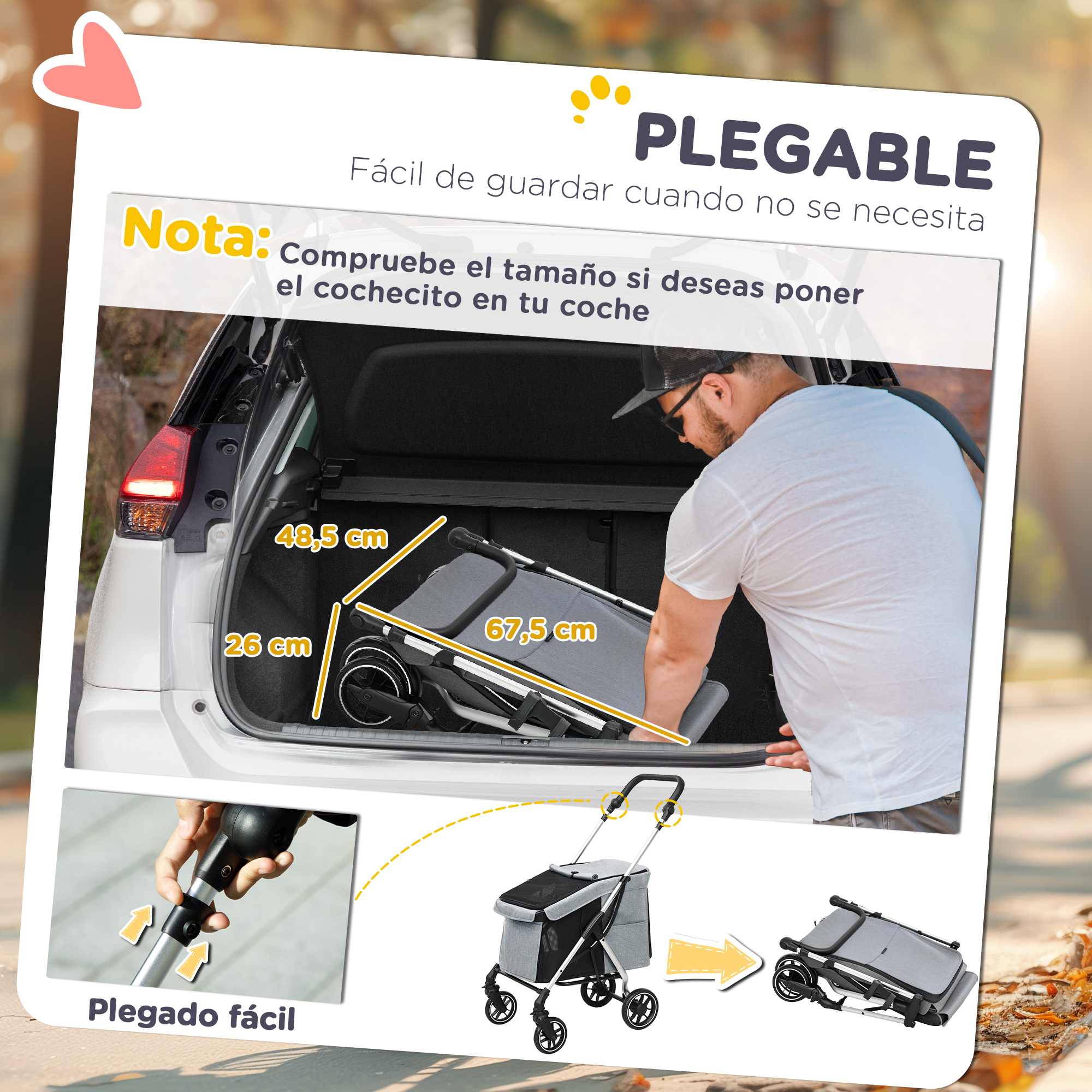 Un hombre pliega un cochecito para mascotas para guardarlo en el maletero de un coche, con dimensiones.