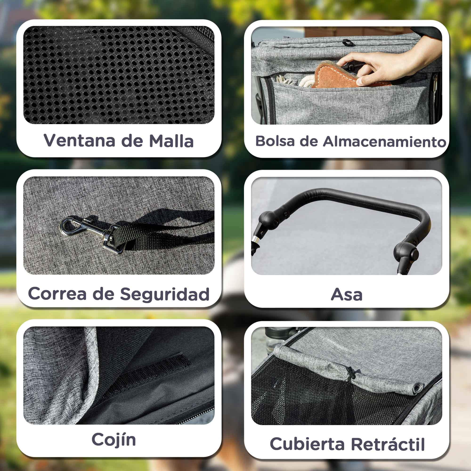 Imágenes que muestran las características del cochecito para mascotas: ventana de malla, bolsa de almacenamiento, correa de seguridad, asa, cojín y cubierta retráctil.