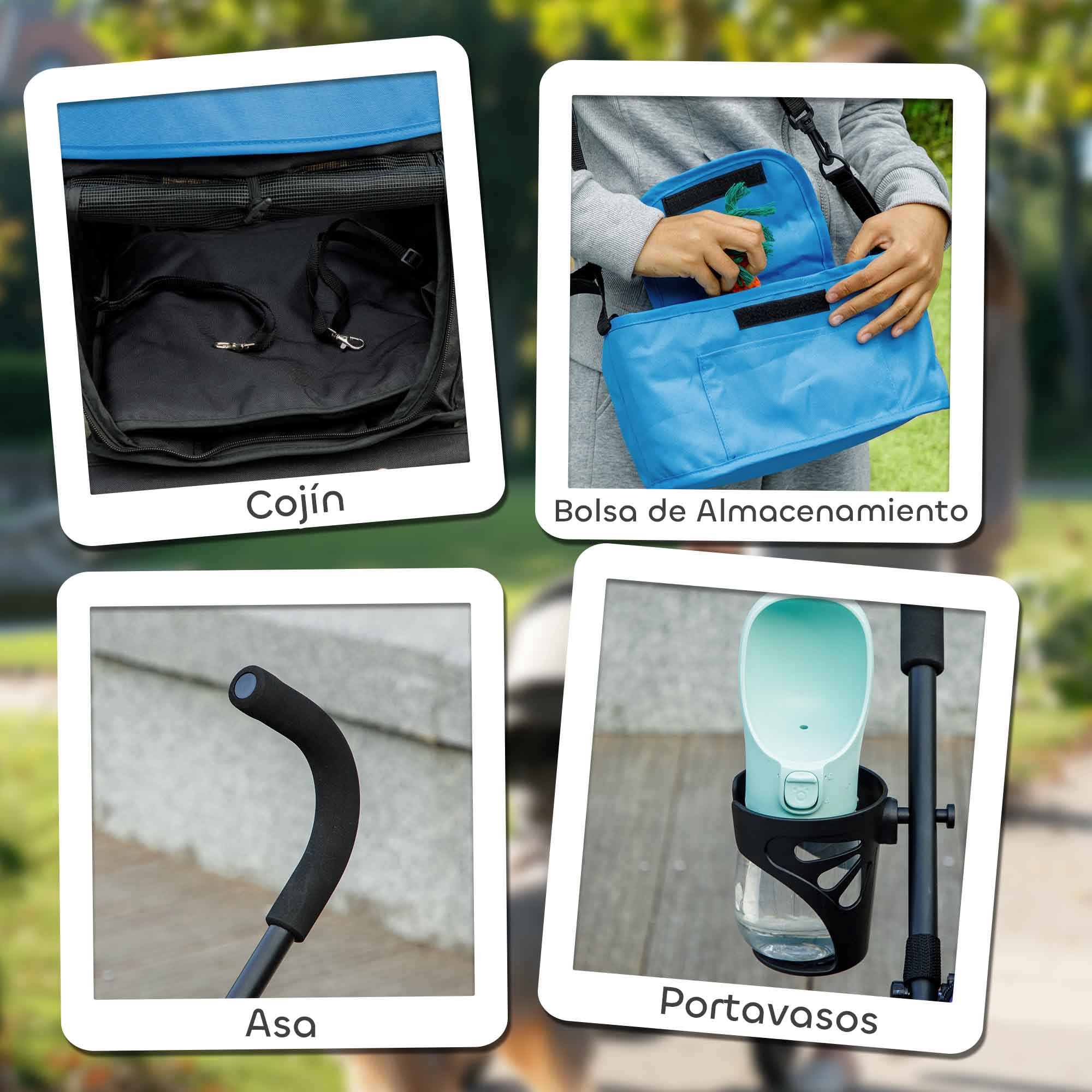 Cuatro imágenes que muestran las características de un cochecito para mascotas: cojín, bolsa de almacenamiento, asa y un portavasos con una botella de agua.