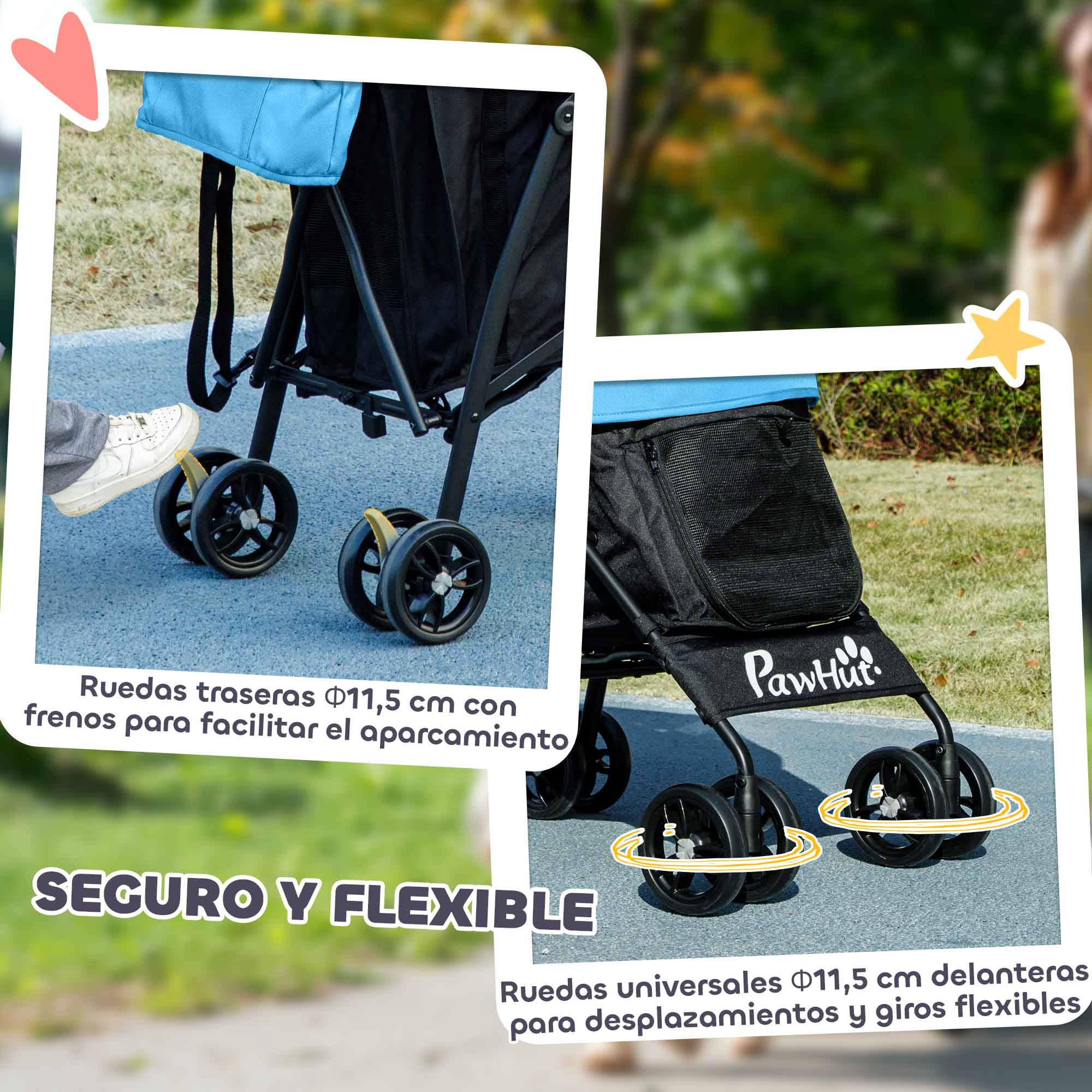 Cochecito para mascotas con descripciones: ruedas traseras con frenos, ruedas delanteras giratorias. Texto: seguro y flexible.