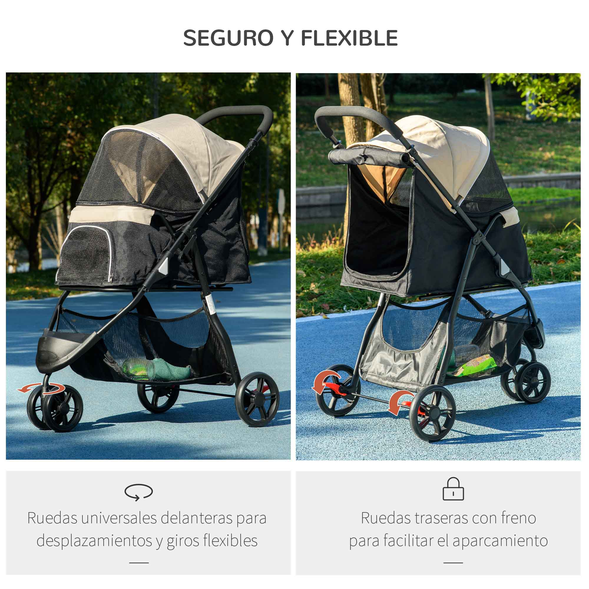 Cochecito para mascotas: ruedas delanteras giratorias y ruedas traseras con frenos. El texto dice: 'Seguro y flexible'.
