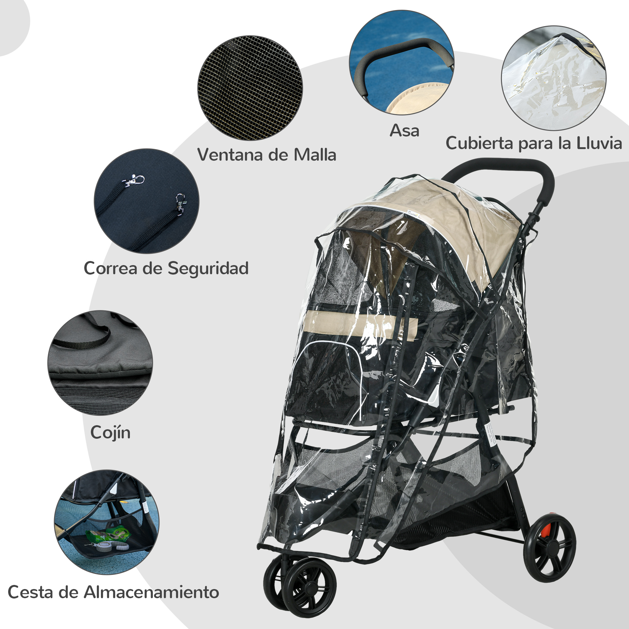 Cochecito para mascotas con características: ventana de malla, asa, cubierta para la lluvia, correa de seguridad, cojín y cesta de almacenamiento.