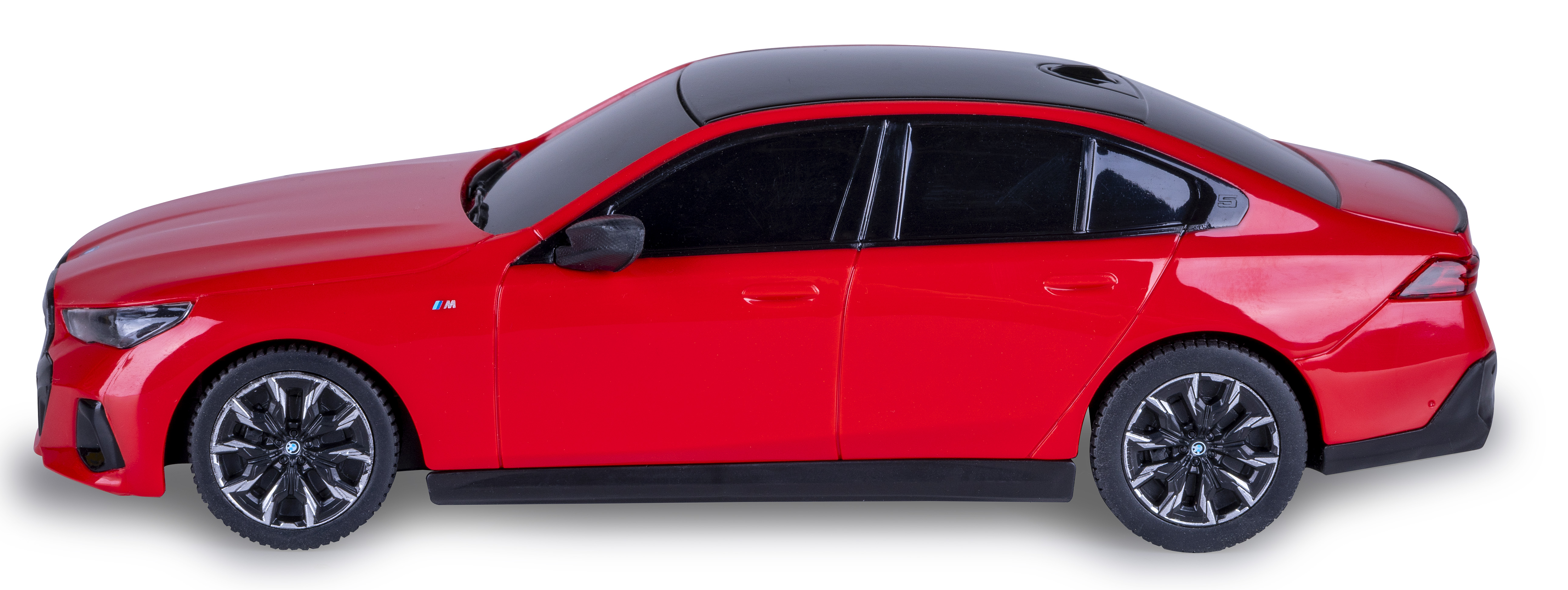 Rotes Limousinenauto, schwarzes Dach, auf weißem Hintergrund. Seitenansicht.