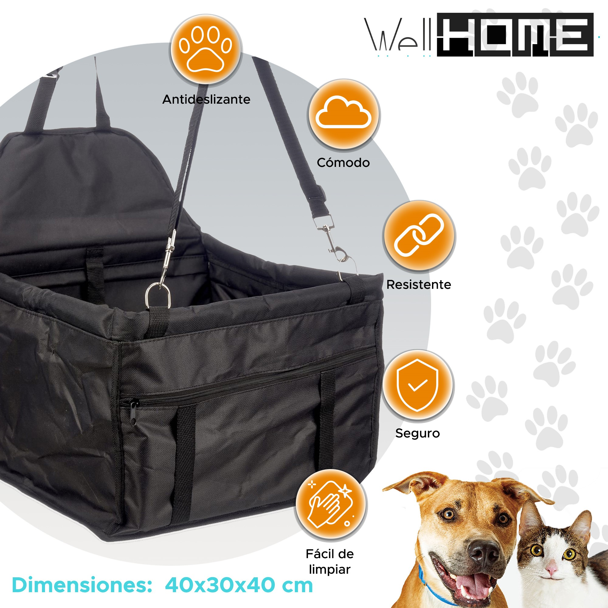 Un asiento de coche para mascotas negro con un perro y un gato. Las características incluyen: antideslizante, cómodo, duradero y seguro.