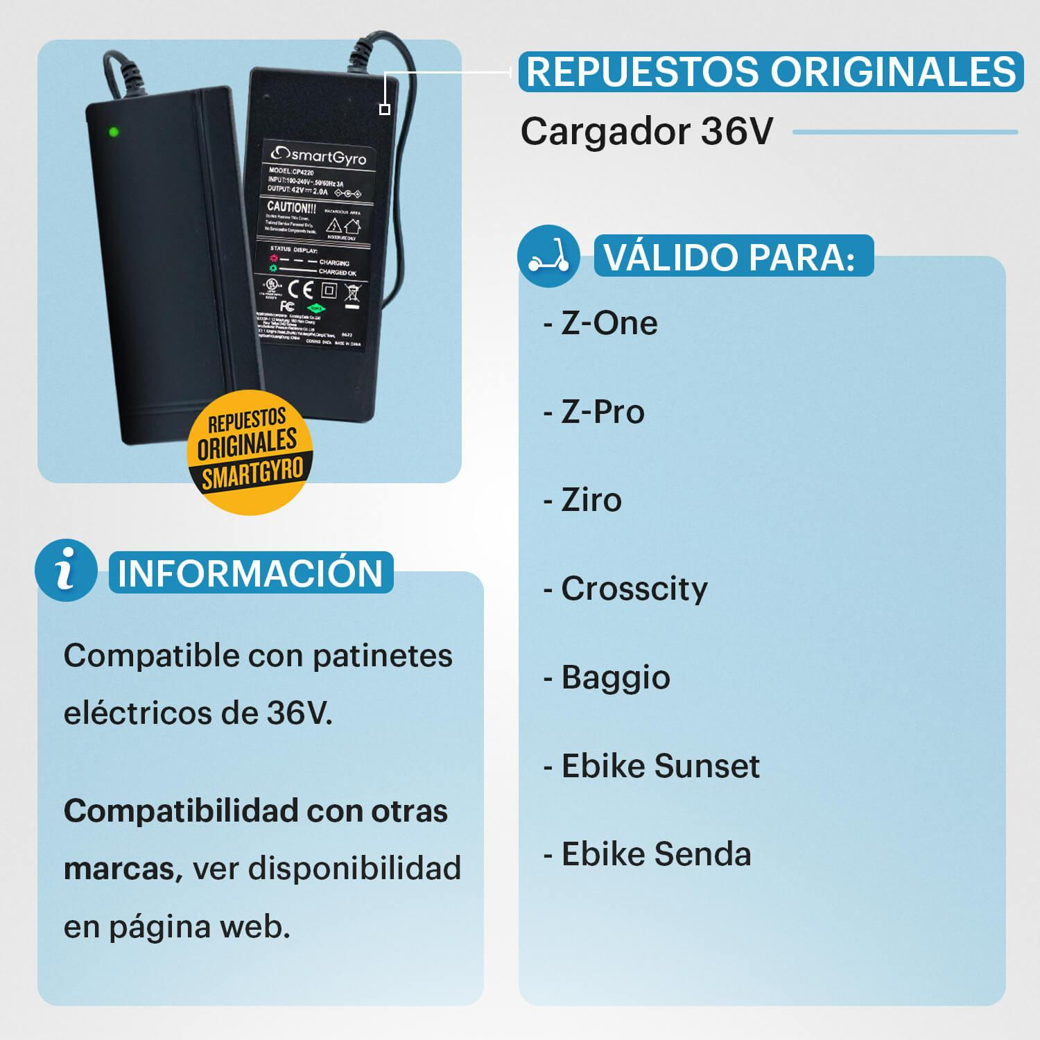 Cargador SmartGyro original, 36V, con detalles y lista de compatibilidad. Fondo blanco.