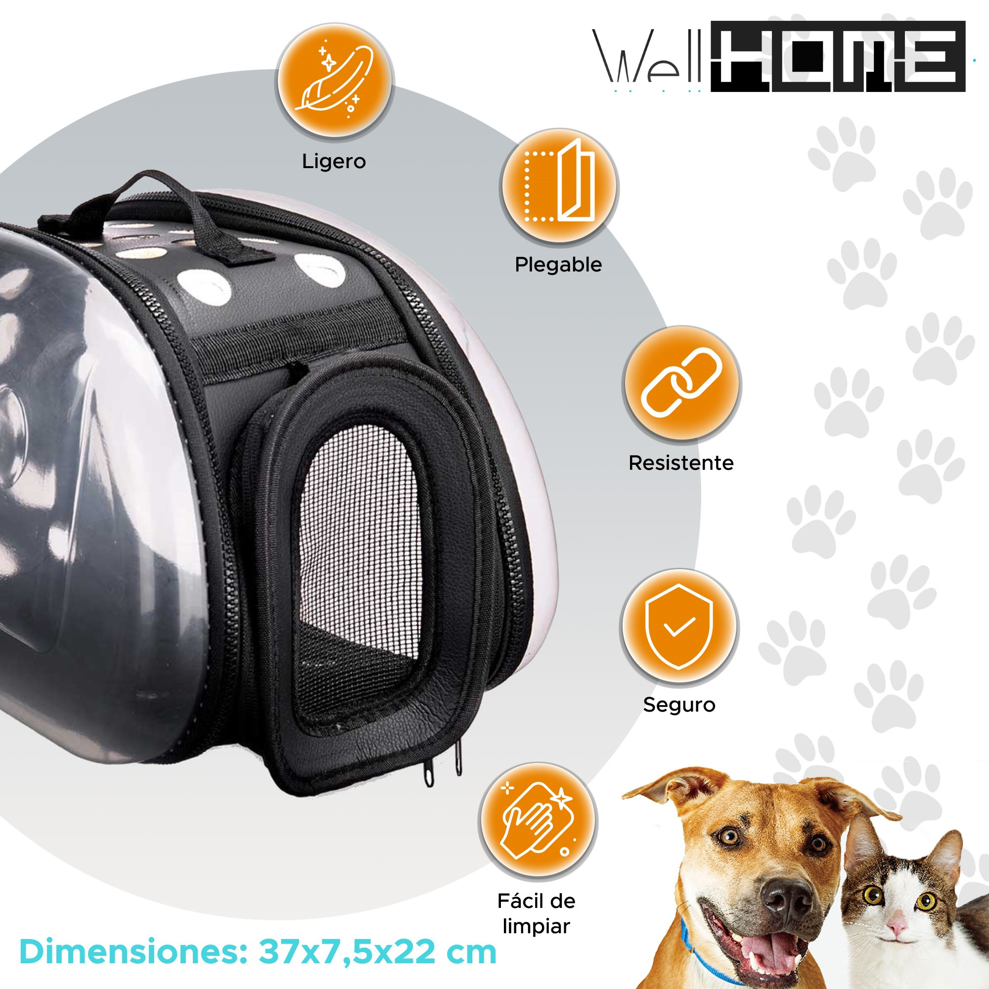 Transportín para mascotas con ventana transparente, huellas de patas e iconos. Perros y gatos en el fondo.