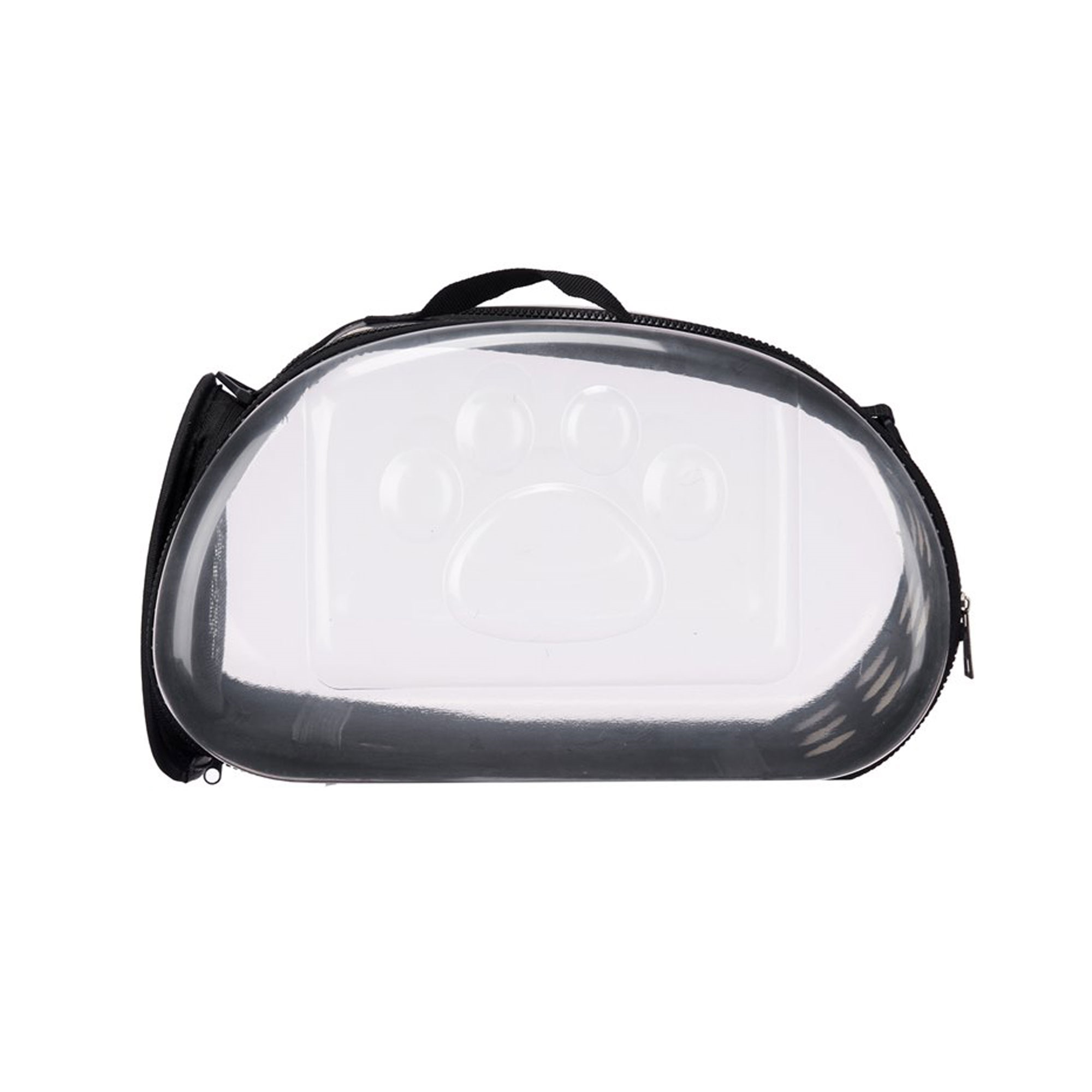 Transportín ovalado transparente para mascotas con diseño de huella de pata. Detalles negros y asa.