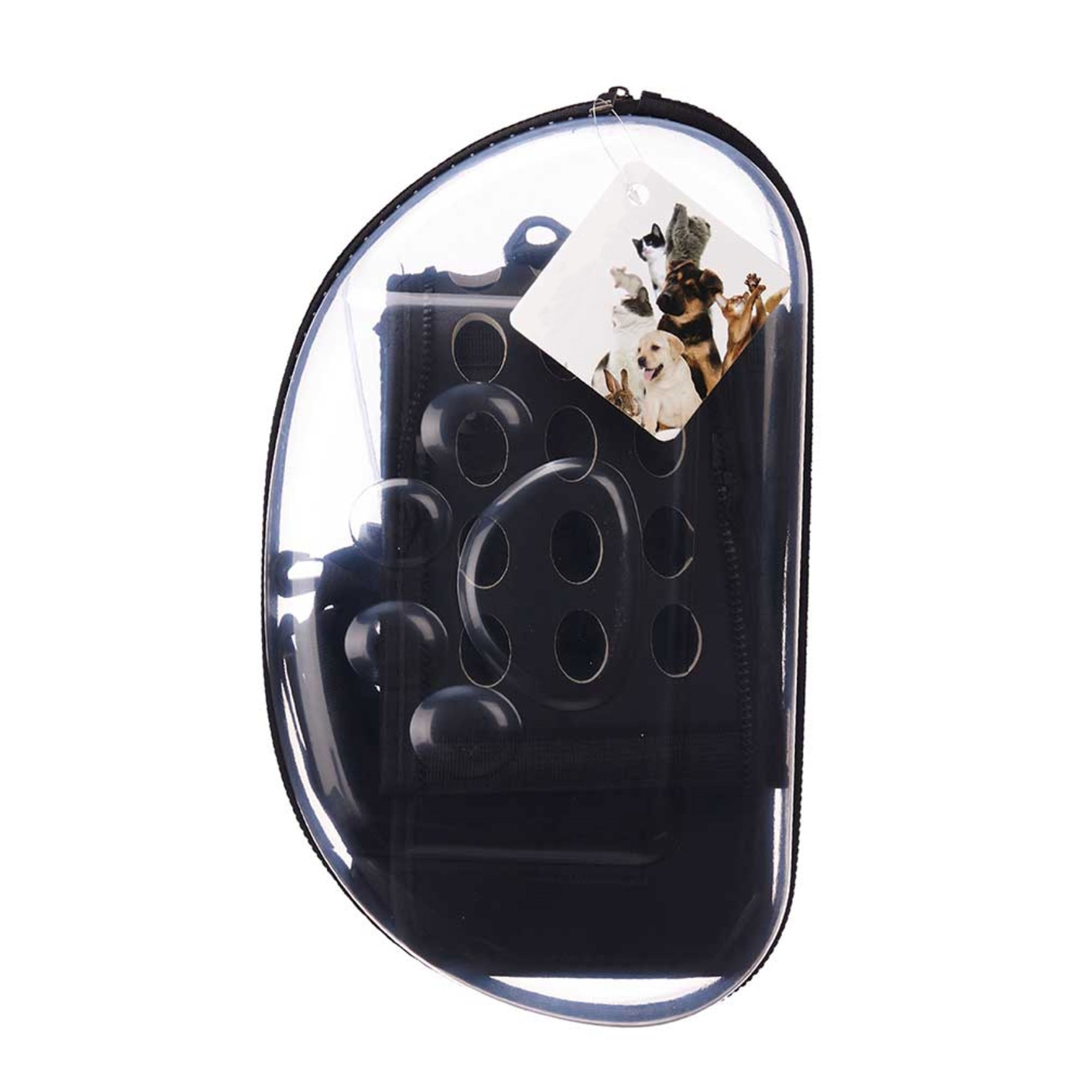 Transportín para mascotas con ventana transparente, detalles negros y una etiqueta con varias mascotas.