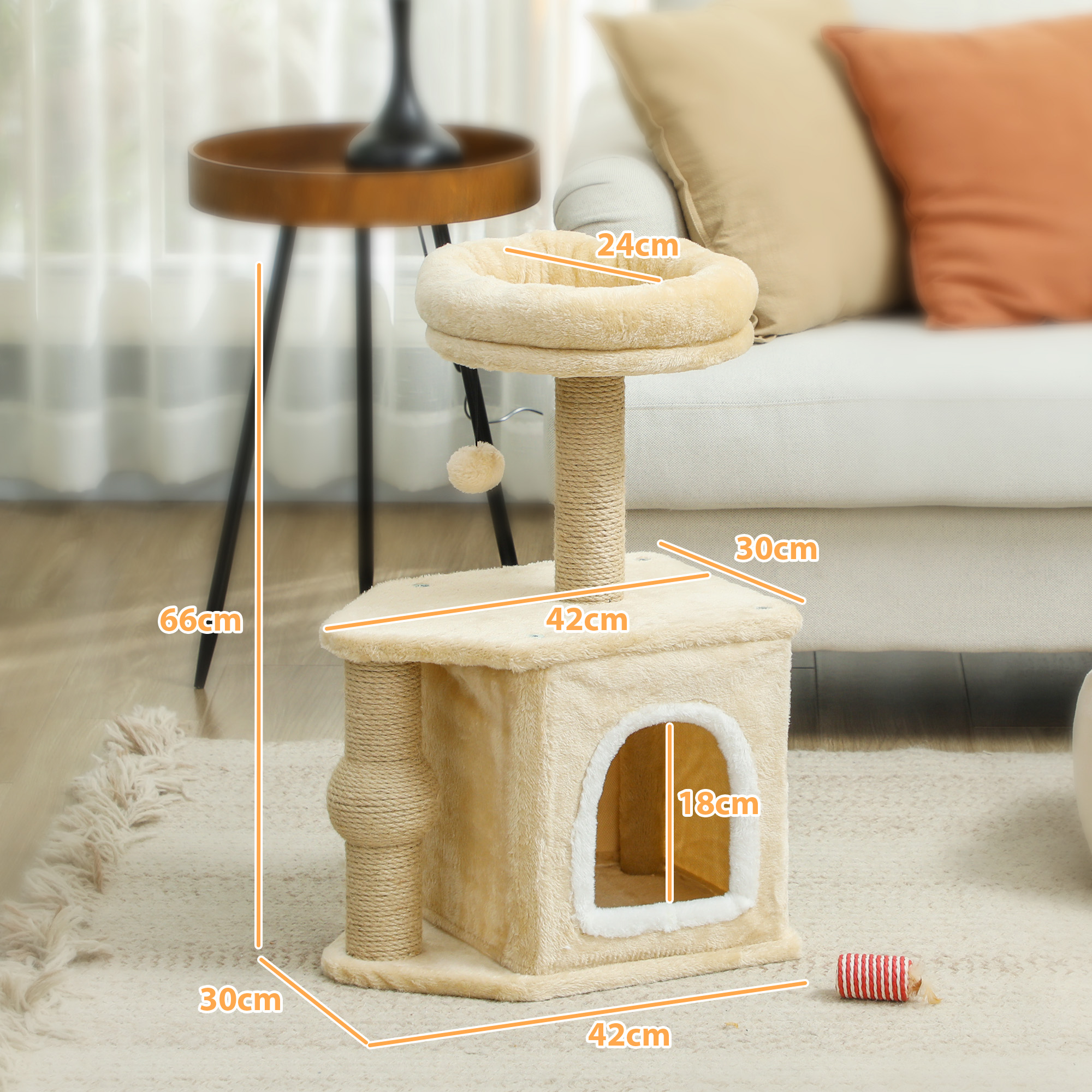 Un árbol para gatos con dimensiones en un entorno de sala de estar.