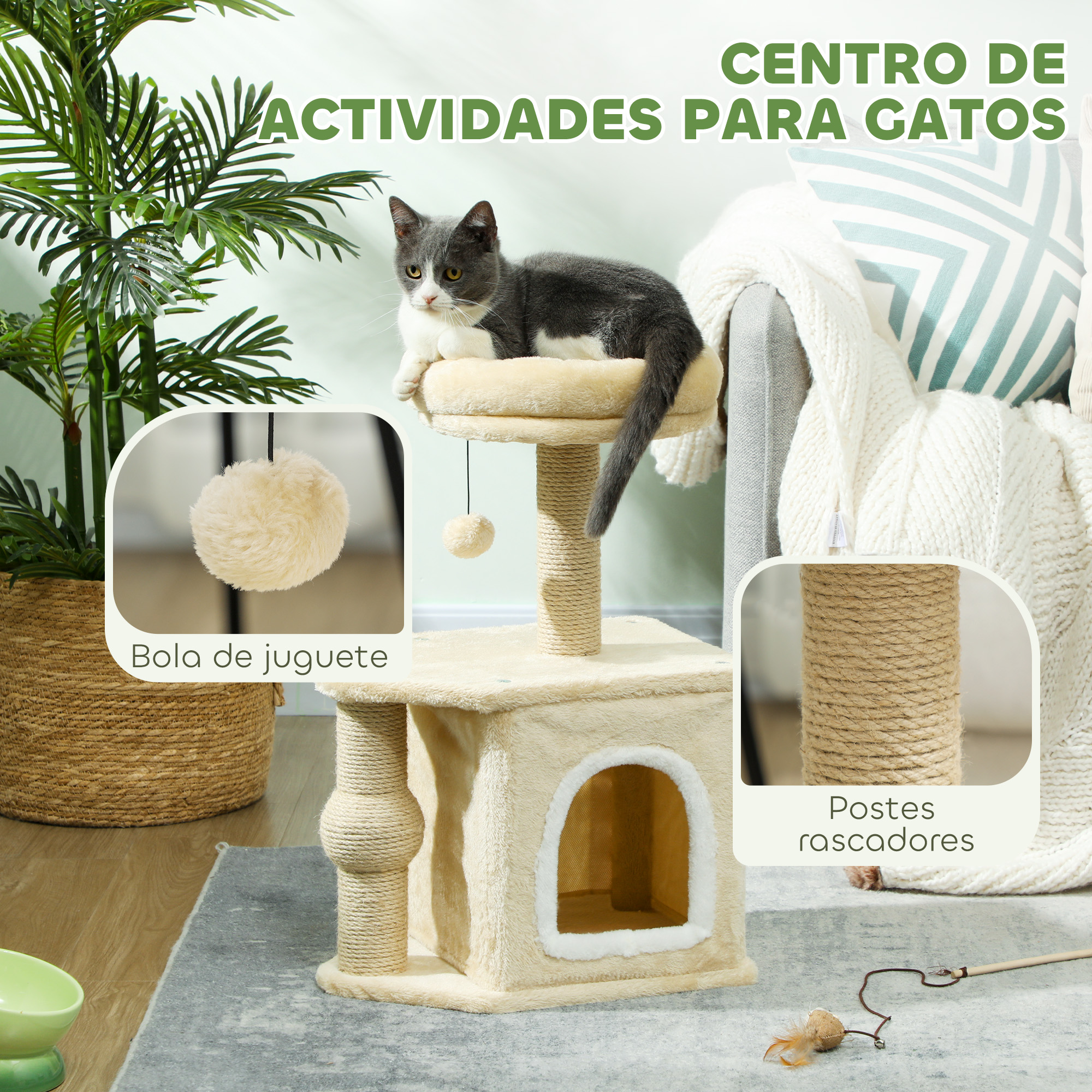 Un árbol para gatos con un gato encima, con un juguete y una planta.