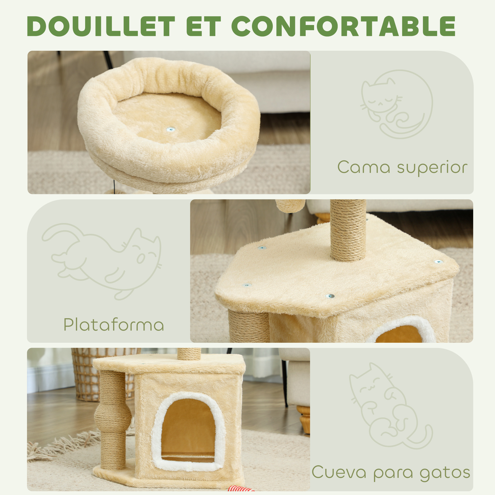 Primer plano de la cama superior de un árbol para gatos con textura suave.