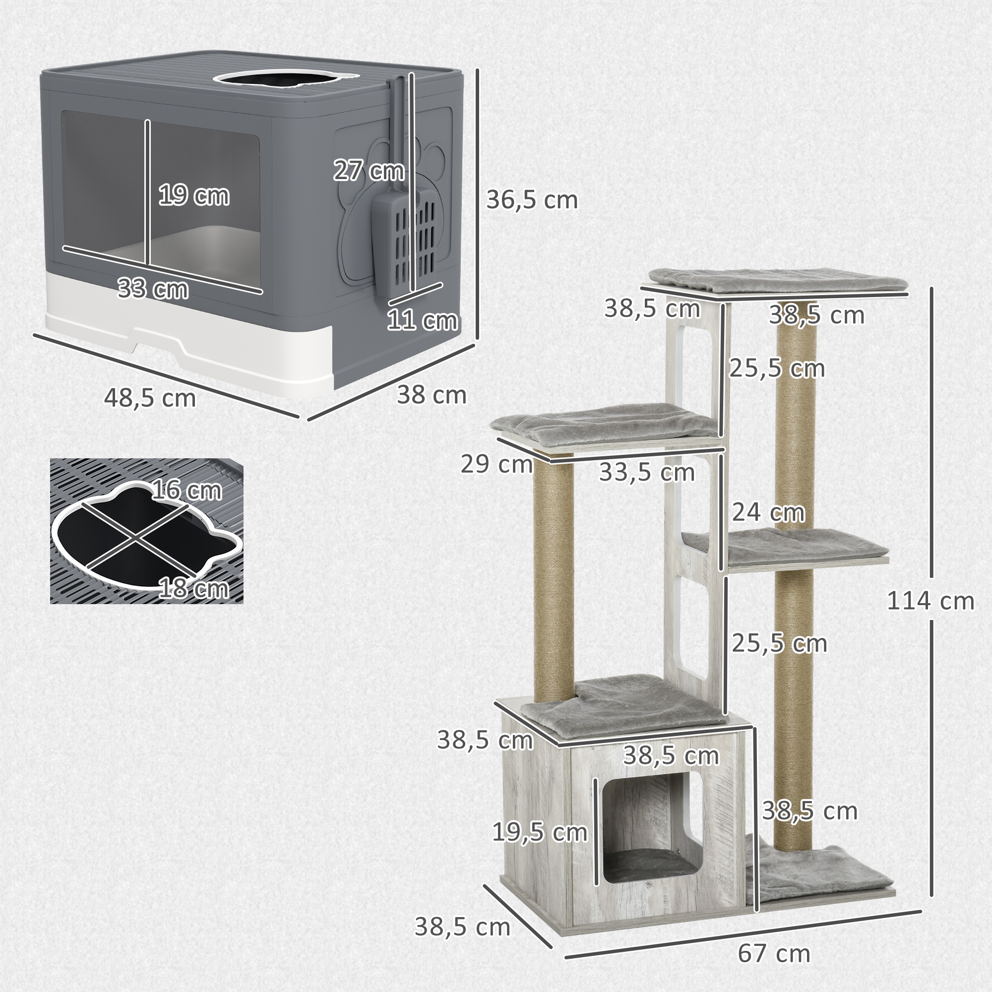 Diagrama con dimensiones de una caja de arena para gatos y un árbol para gatos, con medidas en centímetros.