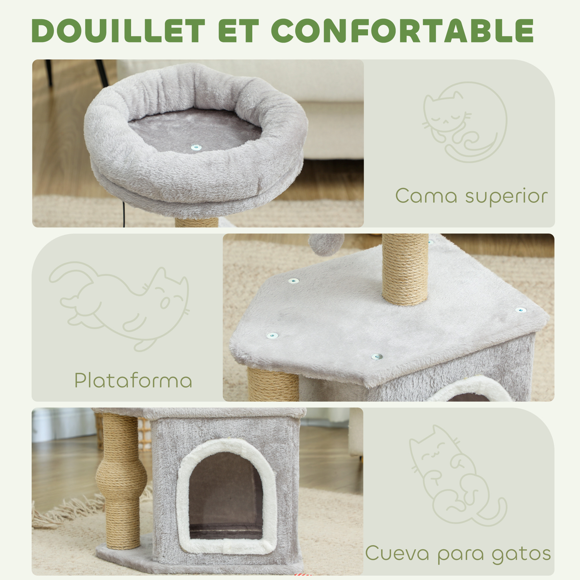 Partes del árbol para gatos: cama superior, plataforma, cueva para gatos. Colores gris y beige.