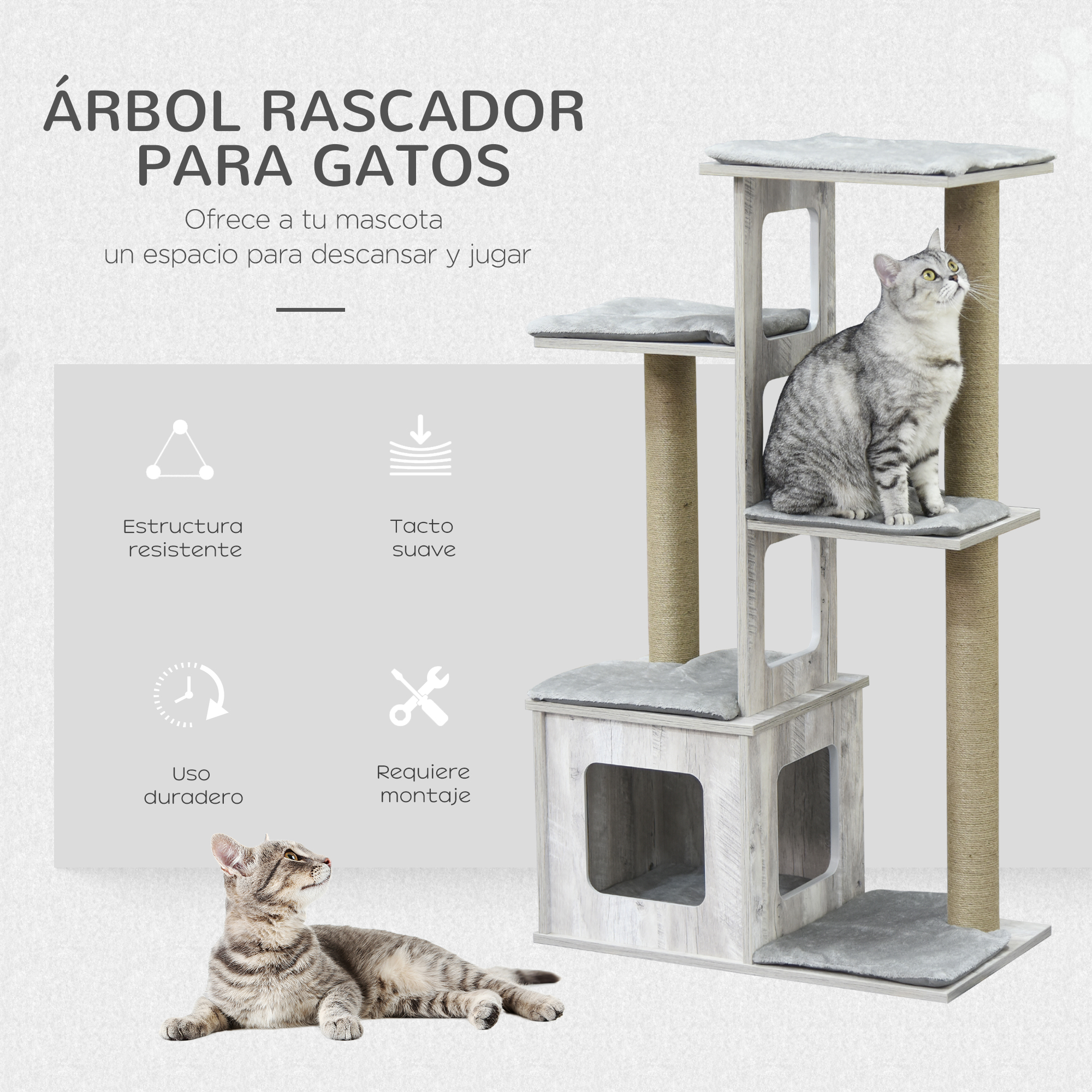 Una imagen promocional de un árbol para gatos gris, con texto que destaca la estructura duradera y el tacto suave.
