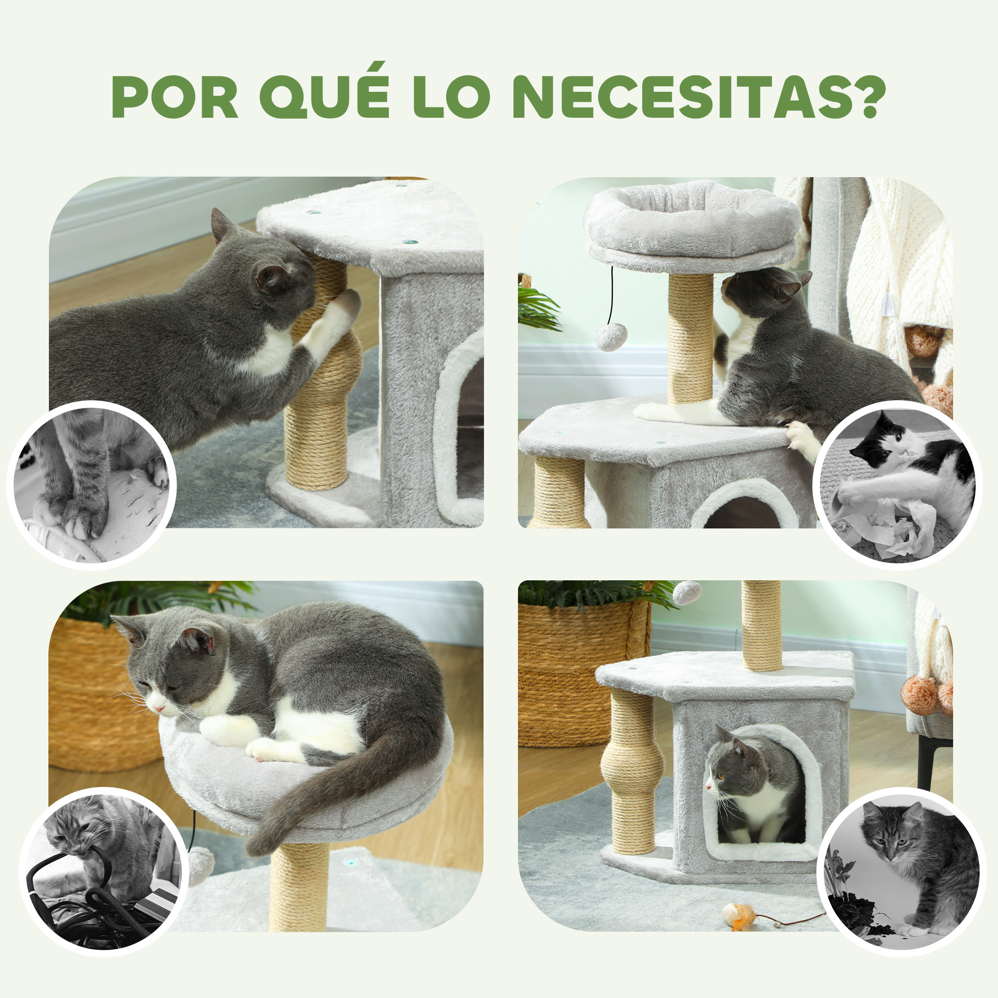 Collage de un árbol para gatos gris que está siendo utilizado por gatos para rascar, jugar y descansar.
