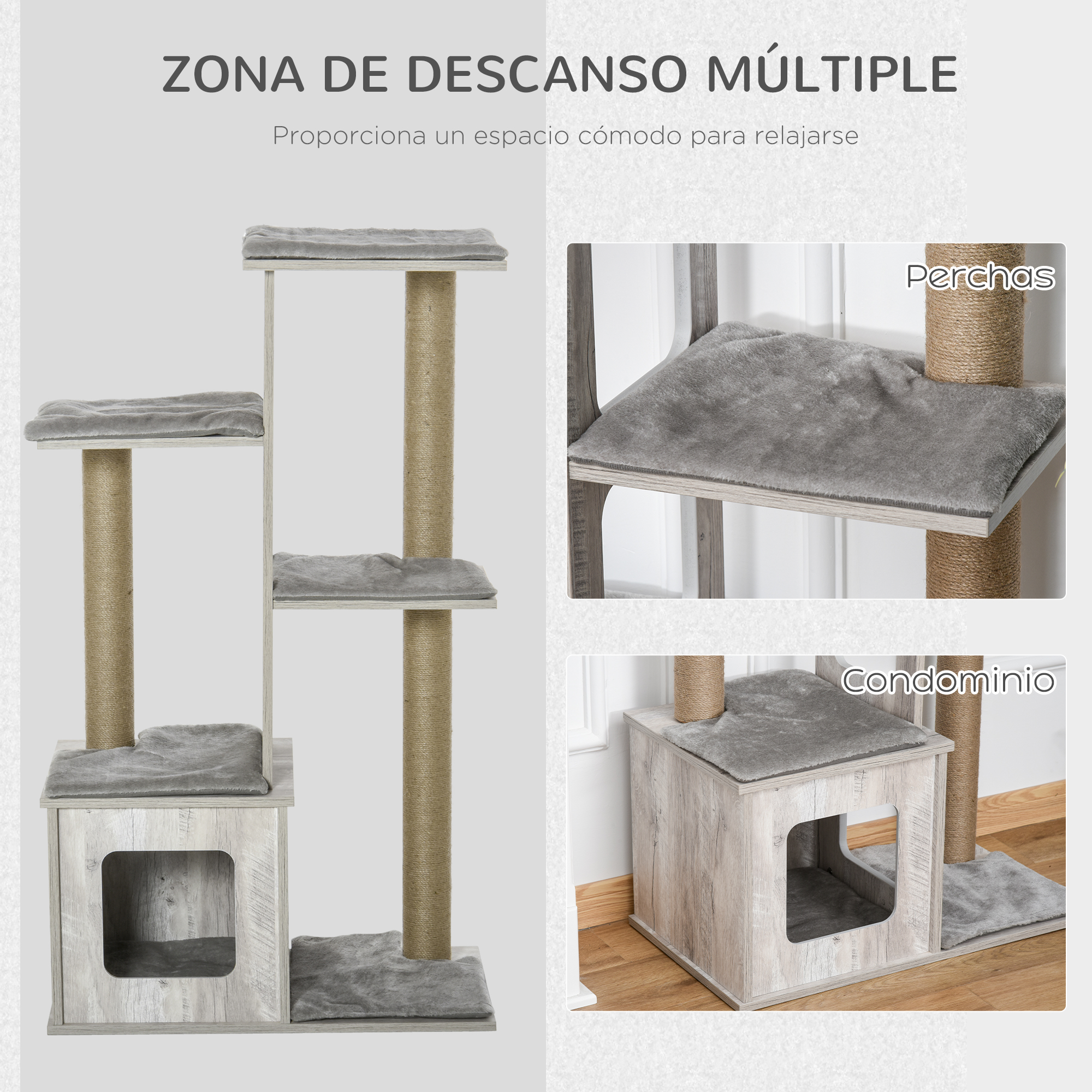 Múltiples vistas de un árbol para gatos gris, destacando las perchas y las áreas de condominio para la relajación.