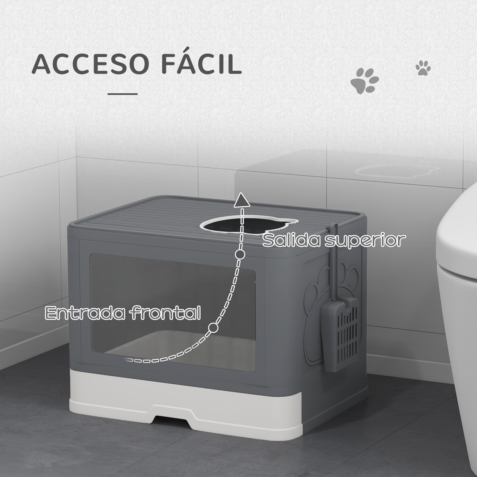 Una caja de arena gris para gatos con etiquetas que indican entrada frontal y salida superior, junto a un inodoro.