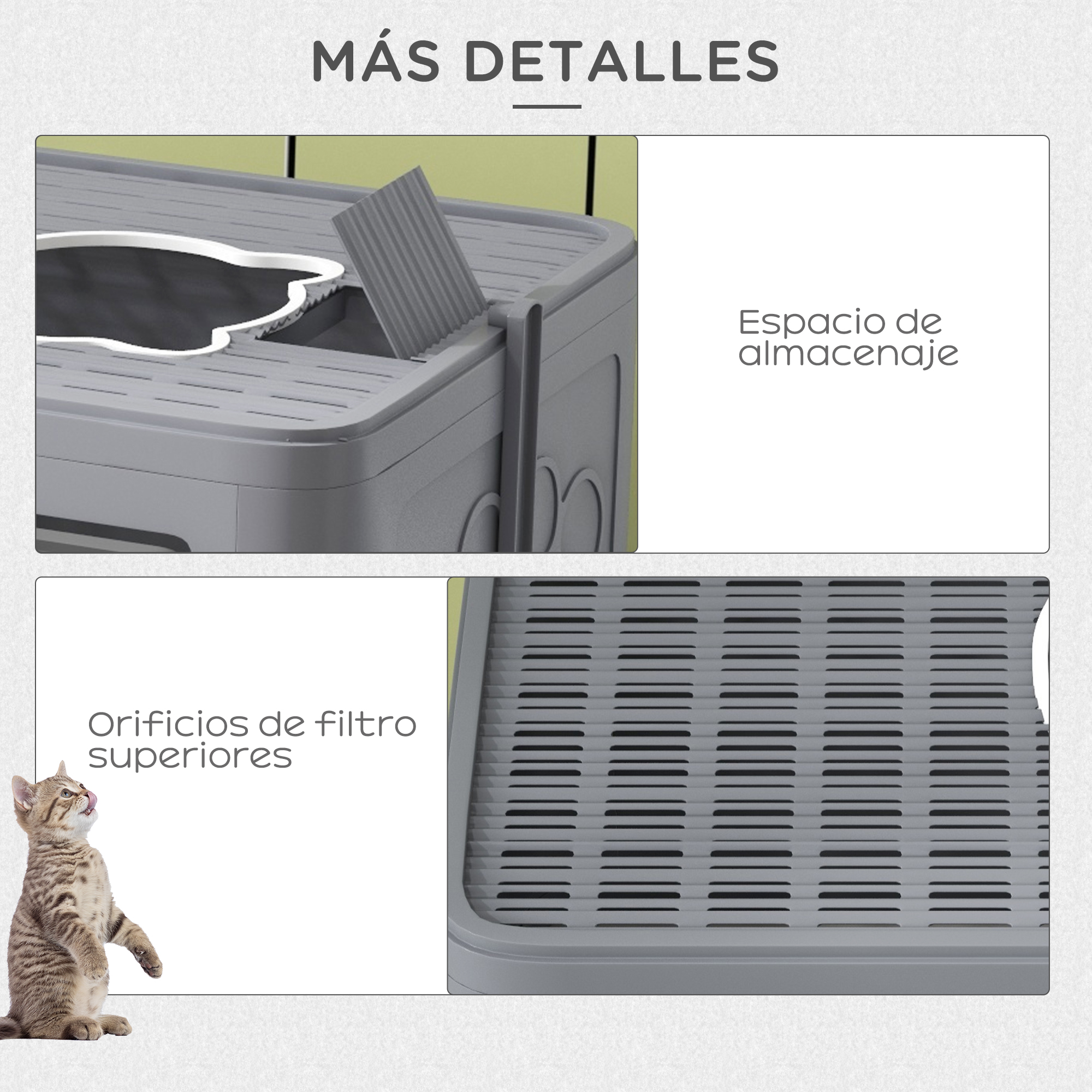 Primer plano de una caja de arena gris para gatos con etiquetas que indican espacio de almacenamiento y orificios de filtro superiores.