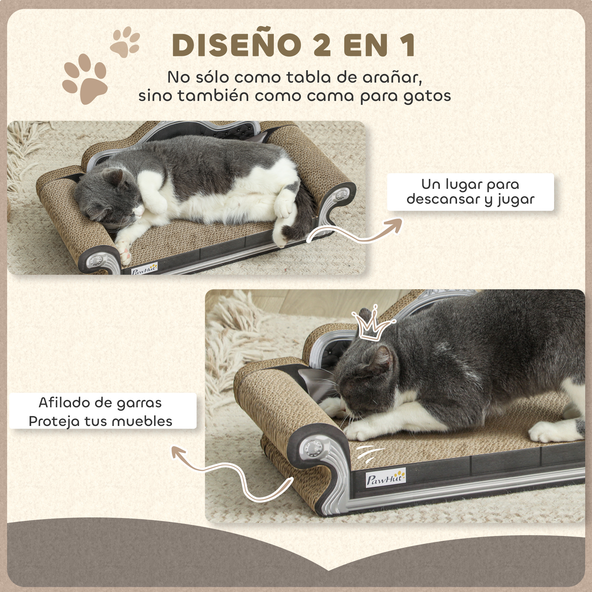 Un sofá rascador para gatos con dos imágenes. Una muestra a un gato durmiendo. Otra muestra a un gato arañando.